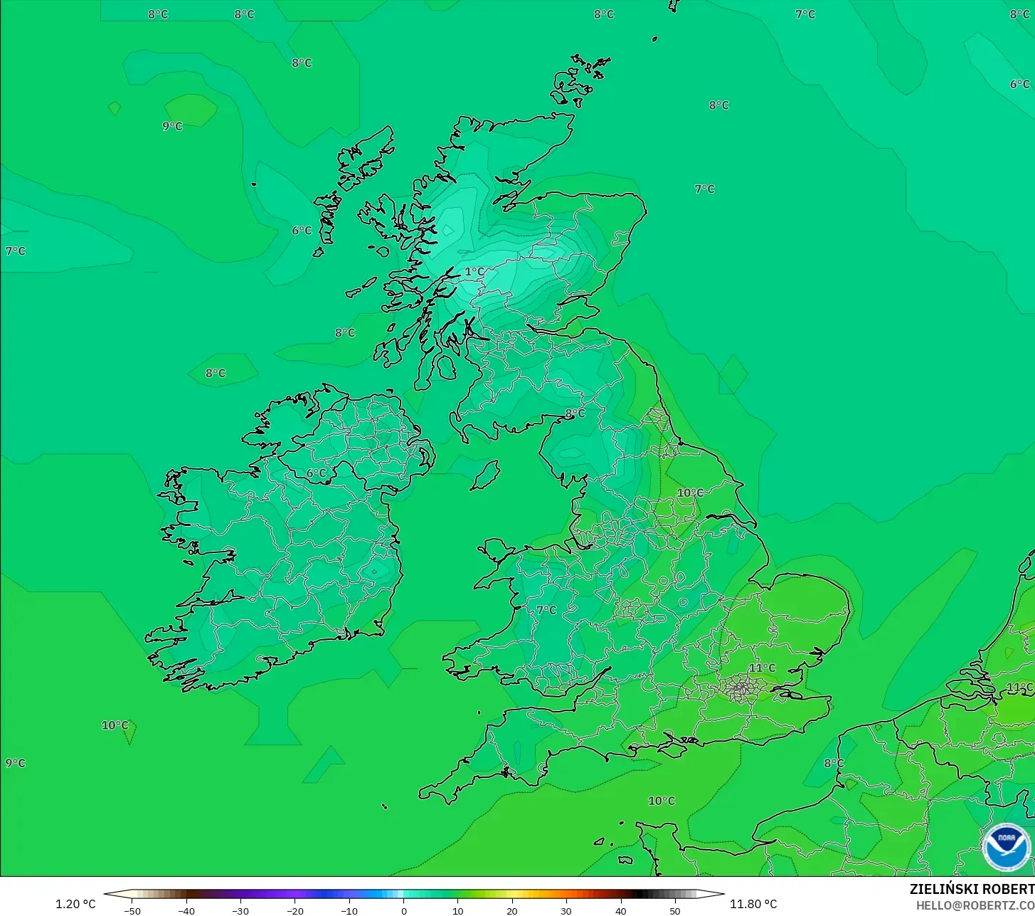 GFS model - Britania Raya, Suhu 2 m