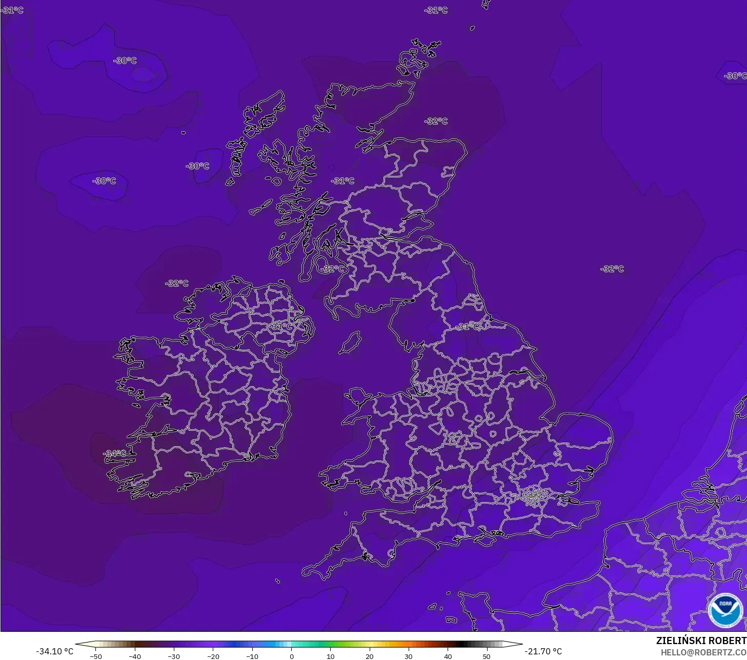 GFS model - Britania Raya, Suhu 500 hPa
