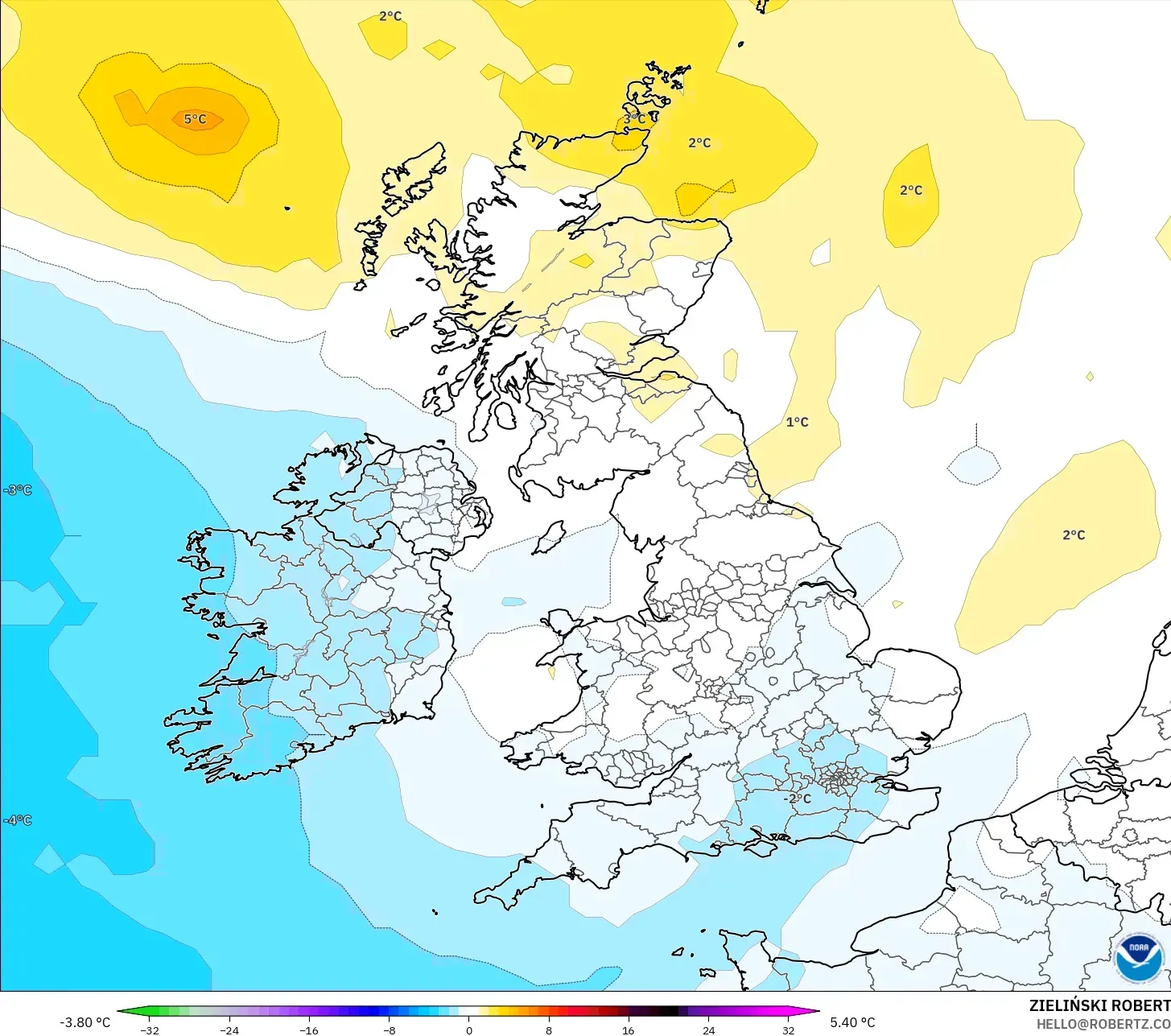 GFS model - Britania Raya, Anomali Suhu 850 hPa