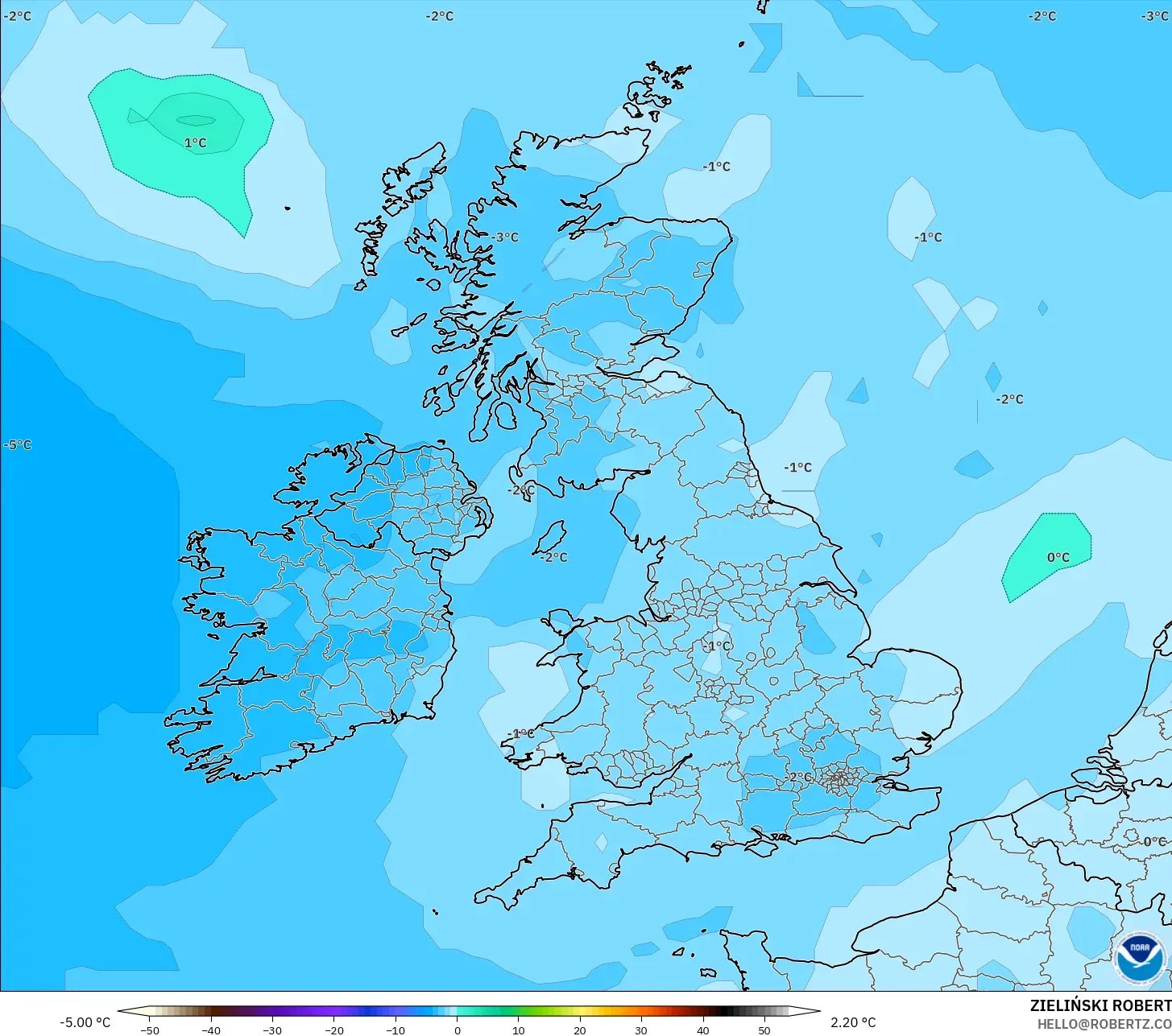 GFS model - Britania Raya, Suhu 850 hPa