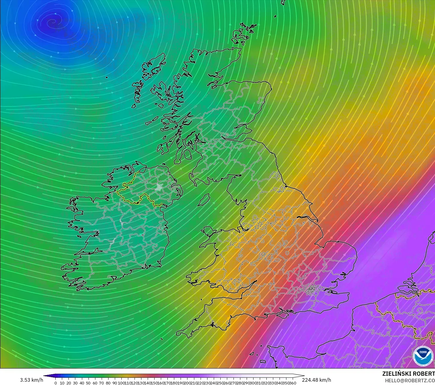 GFS model - Britania Raya, Angin 300 hPa (aliran jet)