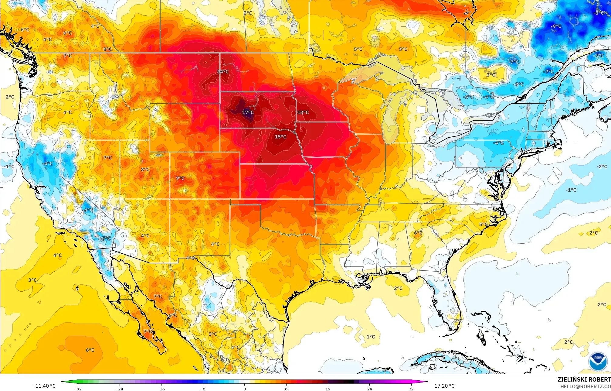 GFS model - Amerika Serikat, Anomali Suhu 2 m