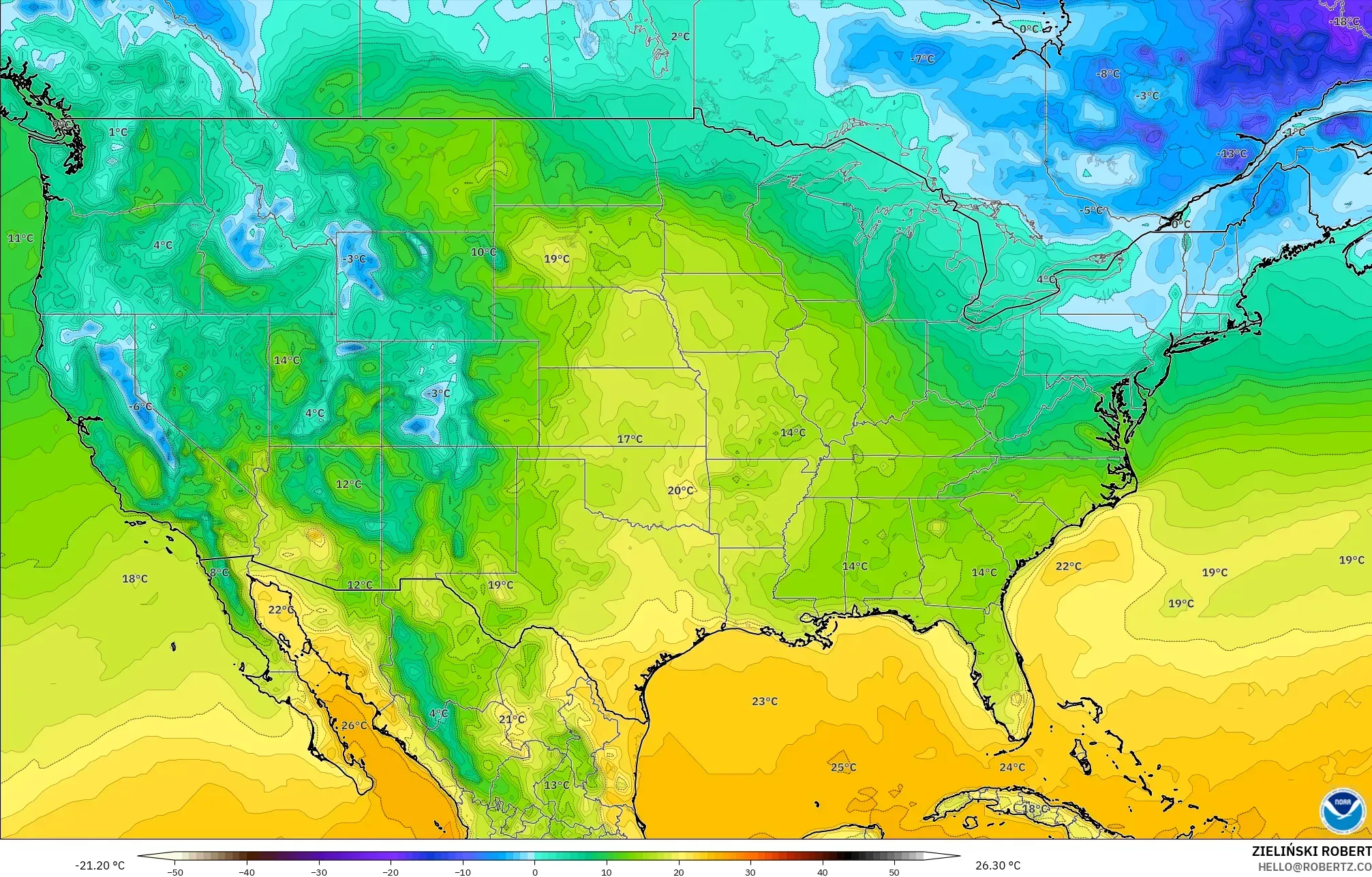 GFS model - Amerika Serikat, Suhu 2 m