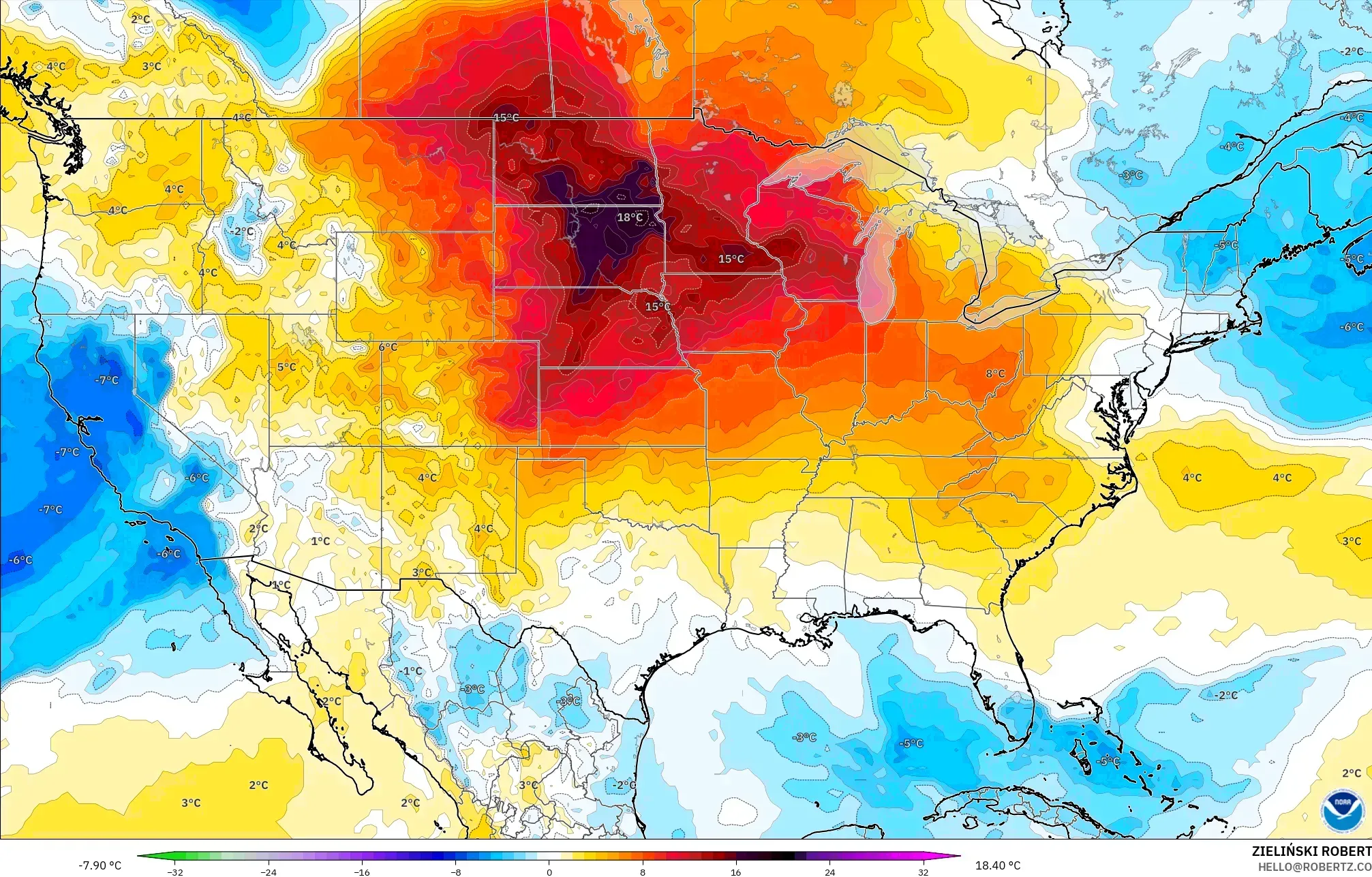 GFS model - Amerika Serikat, Anomali Suhu 850 hPa