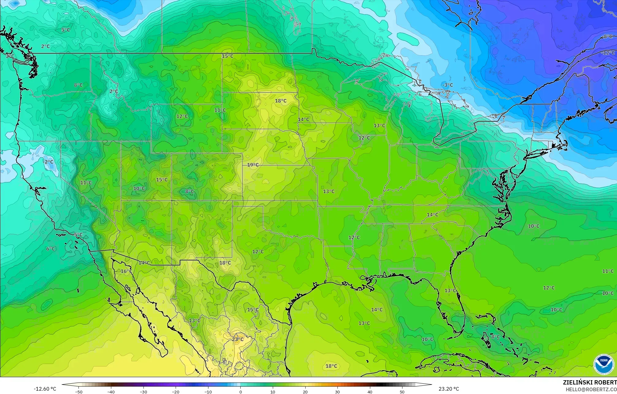 GFS model - Amerika Serikat, Suhu 850 hPa