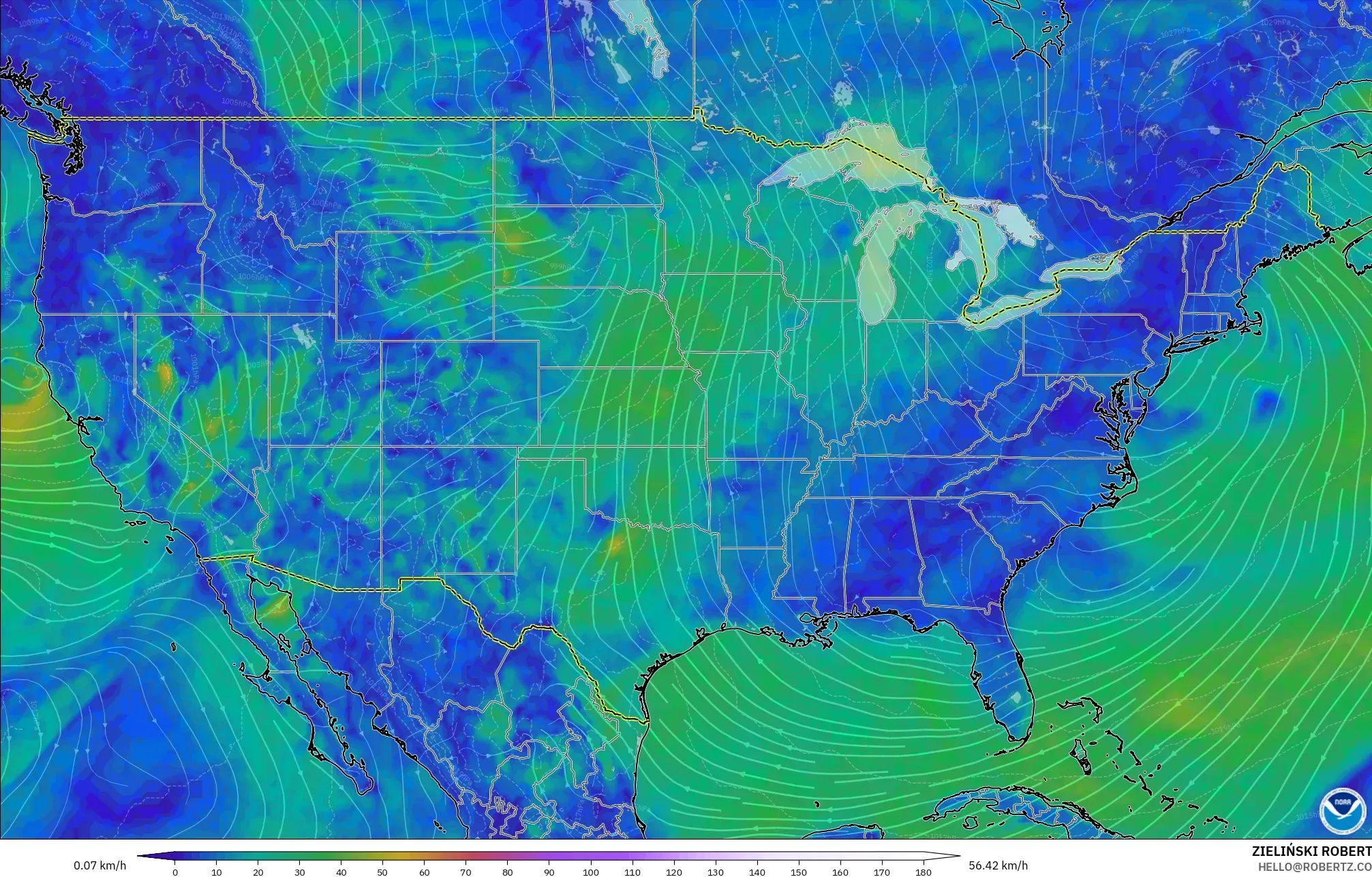 GFS model - Amerika Serikat, Angin 10 m