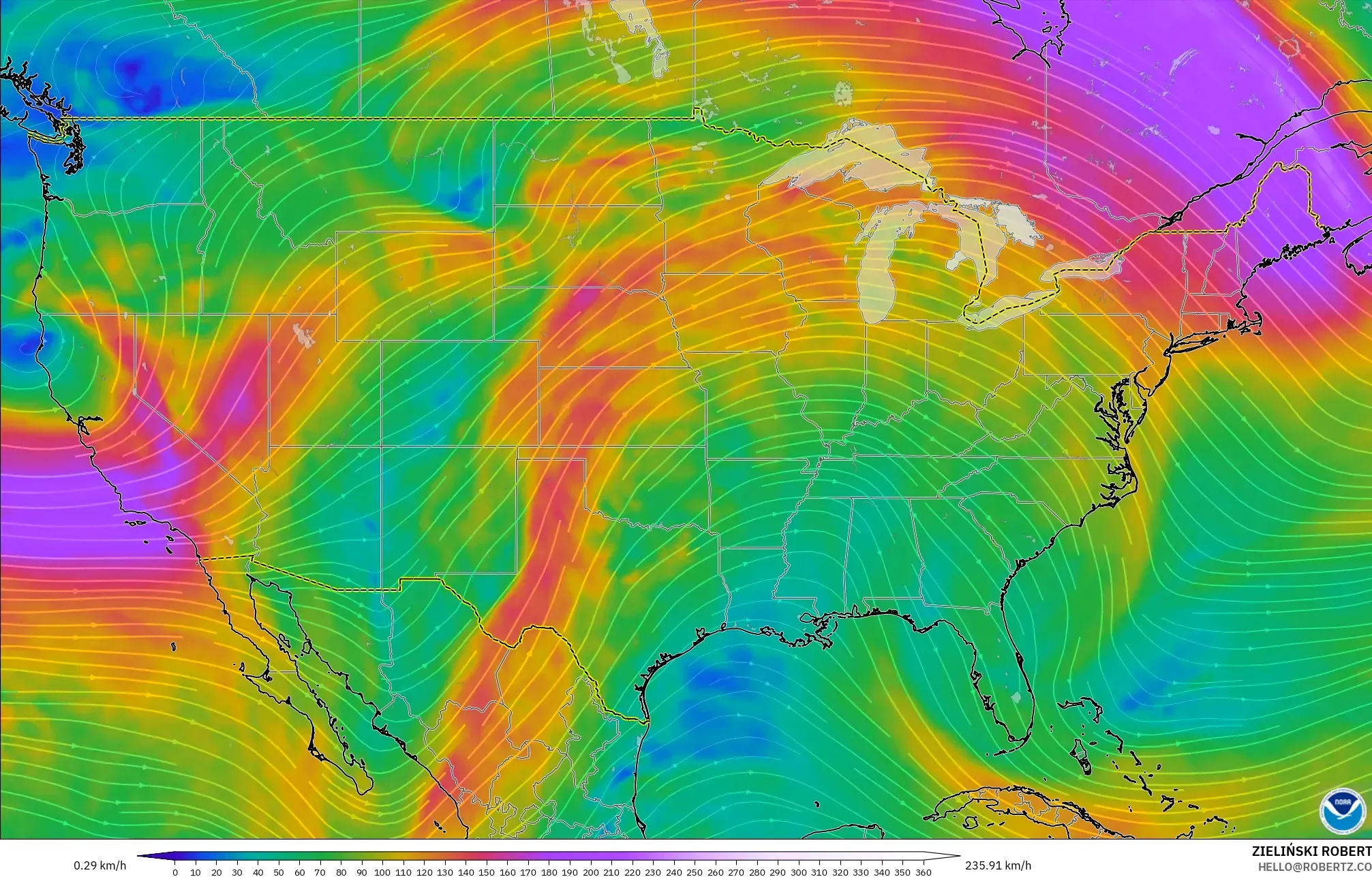 GFS model - Amerika Serikat, Angin 300 hPa (aliran jet)