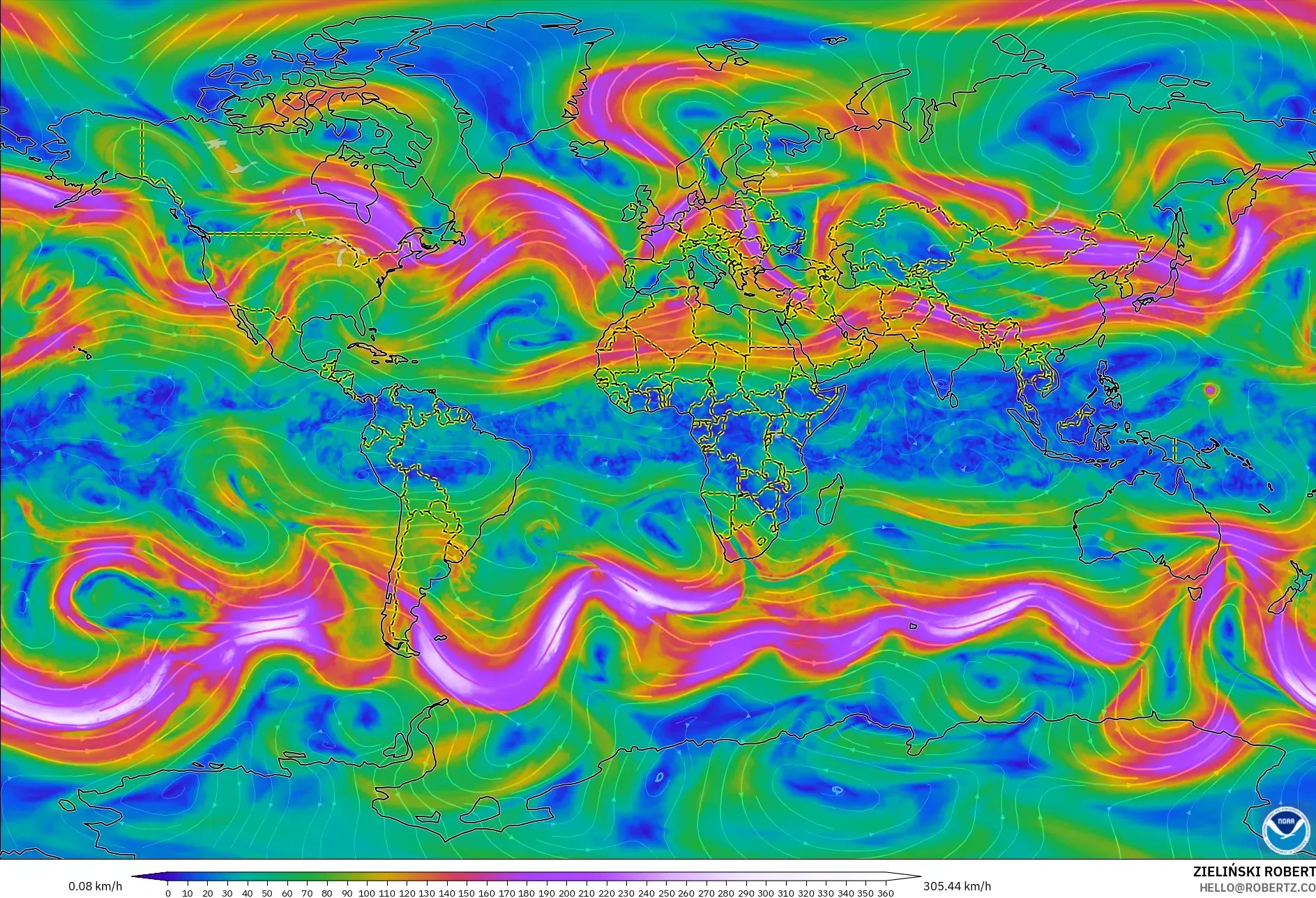 GFS model - Dunia, Angin 300 hPa (aliran jet)