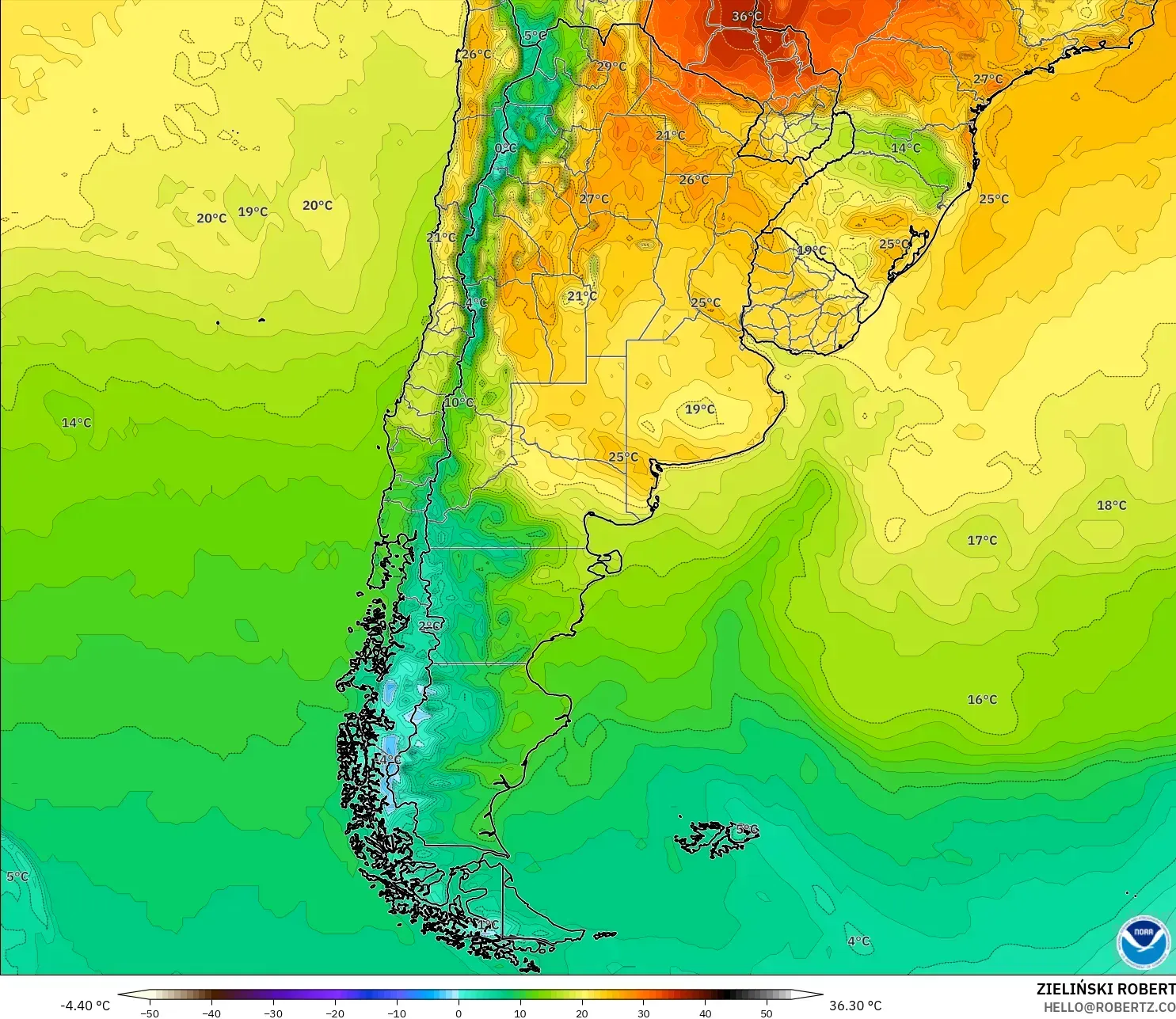 GFS model - Argentina, Suhu 2 m