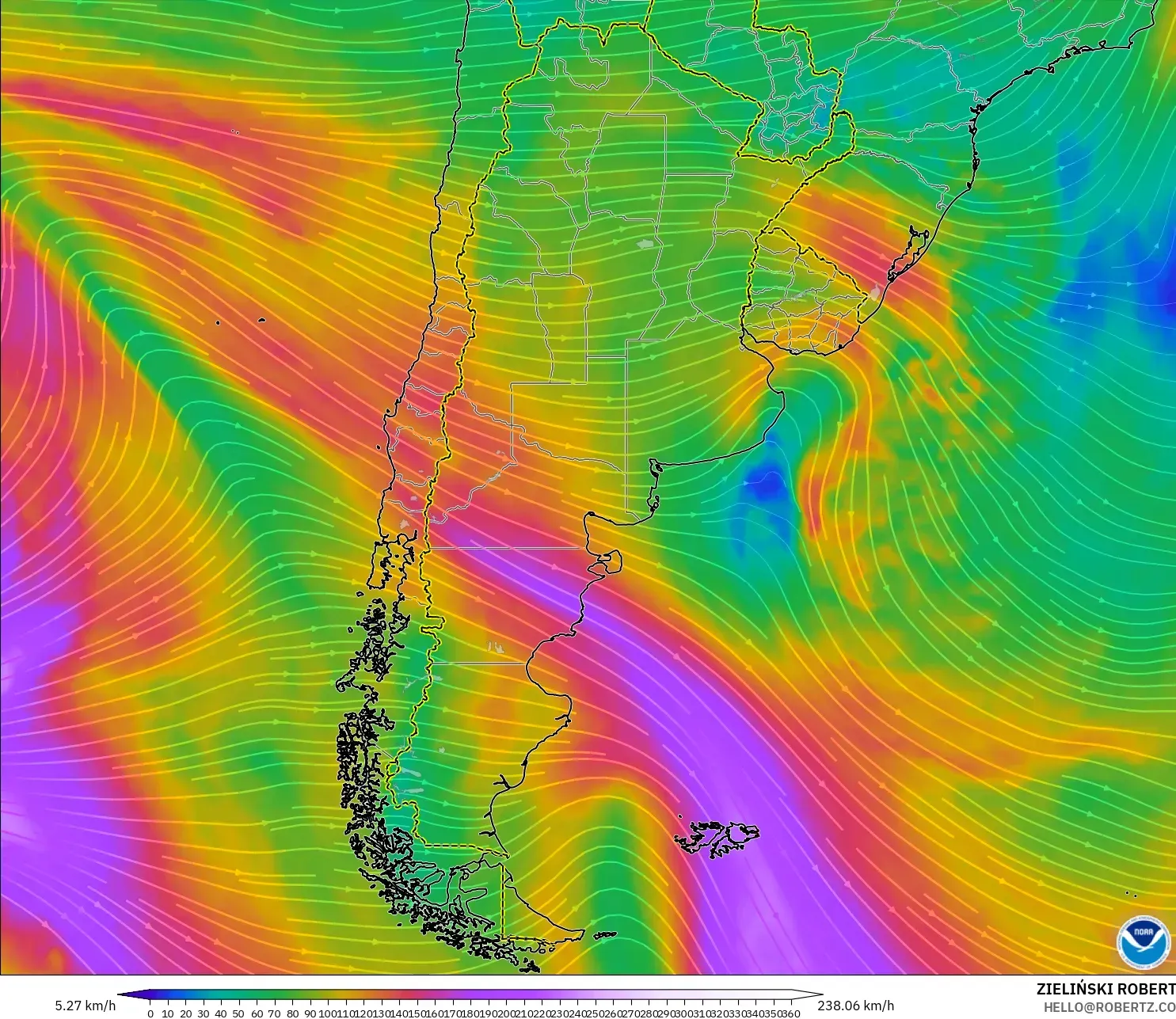 GFS model - Argentina, Angin 300 hPa (aliran jet)