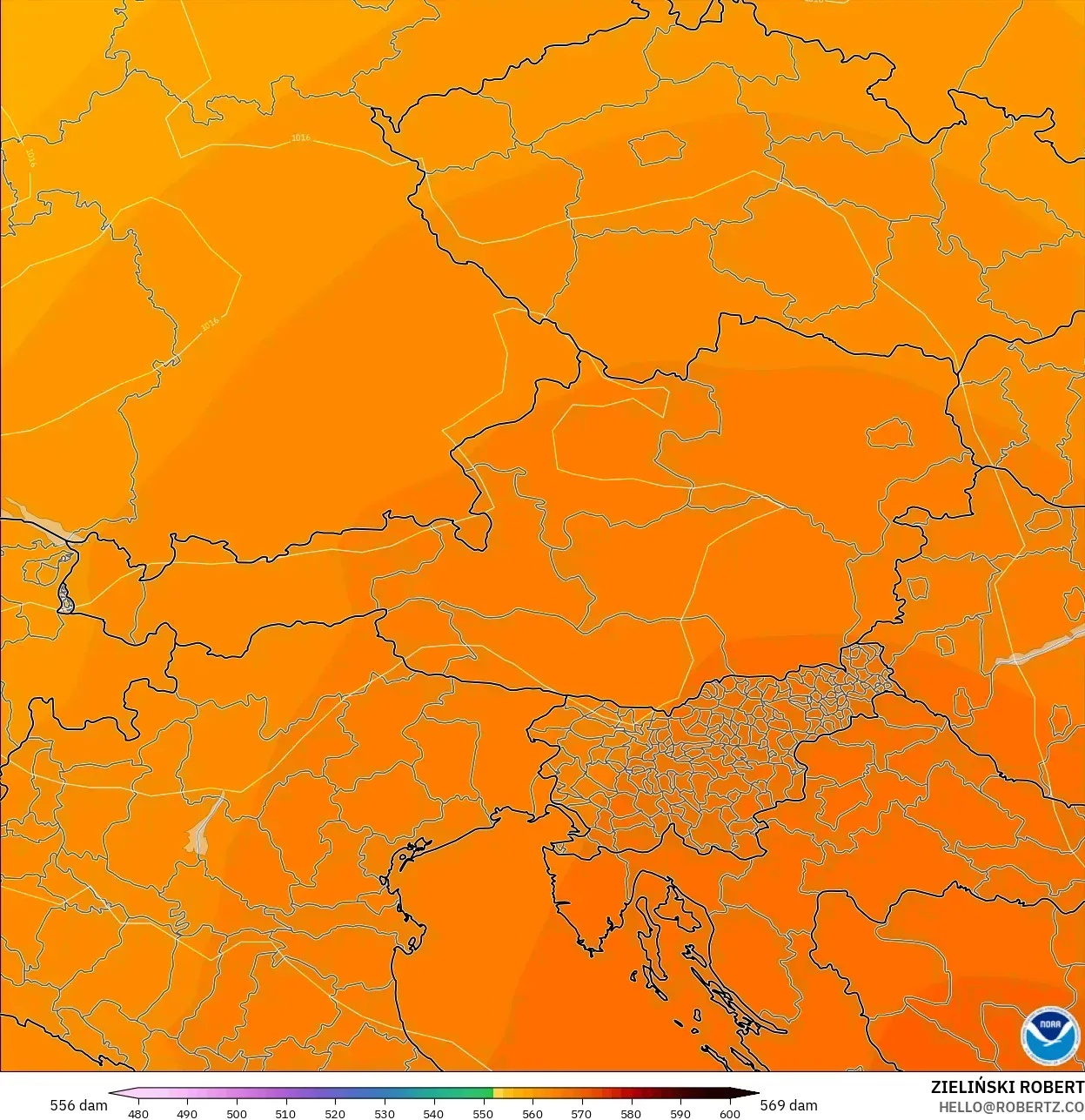 GFS model - Austria, Ketinggian geopotensial pada 500 hPa