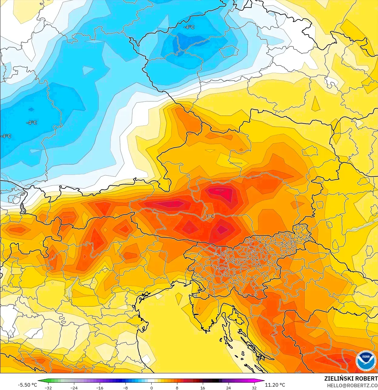 GFS model - Austria, Anomali Suhu 2 m