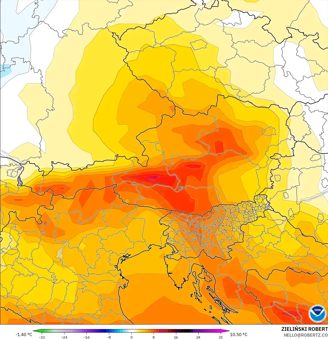 GFS model - Austria, Anomali Suhu 850 hPa