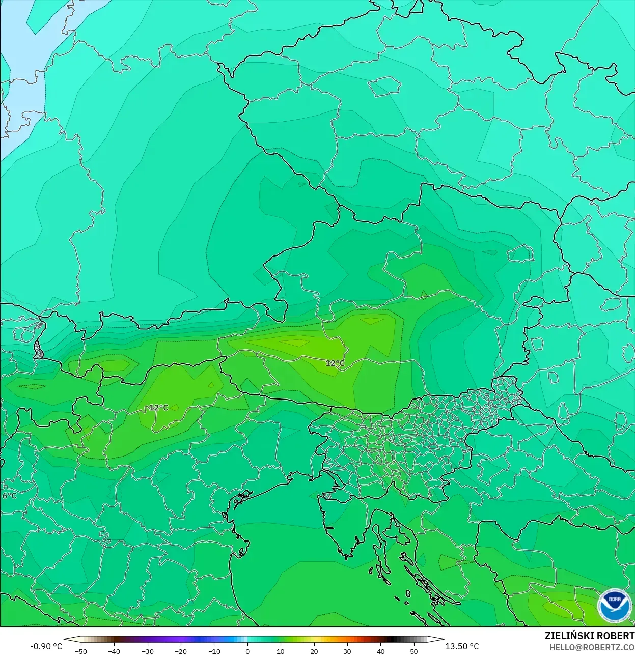 GFS model - Austria, Suhu 850 hPa
