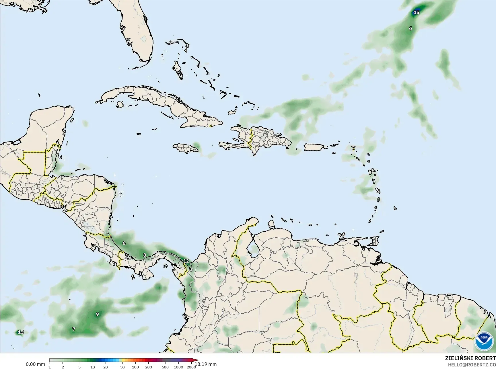GFS model - Karibia, Akumulasi Curah Hujan