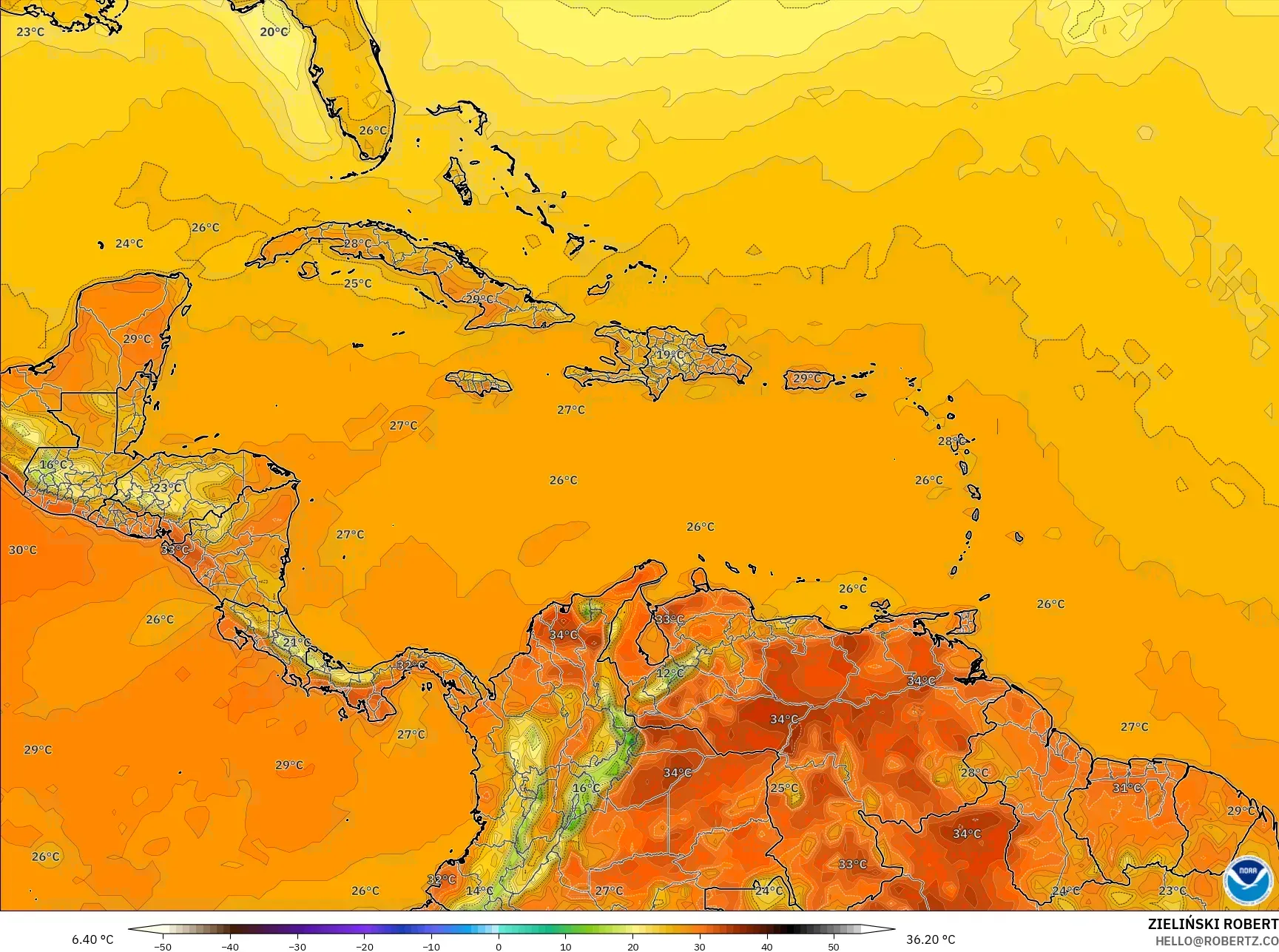 GFS model - Karibia, Suhu 2 m