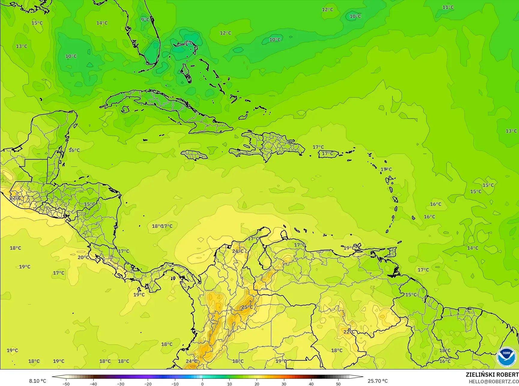 GFS model - Karibia, Suhu 850 hPa