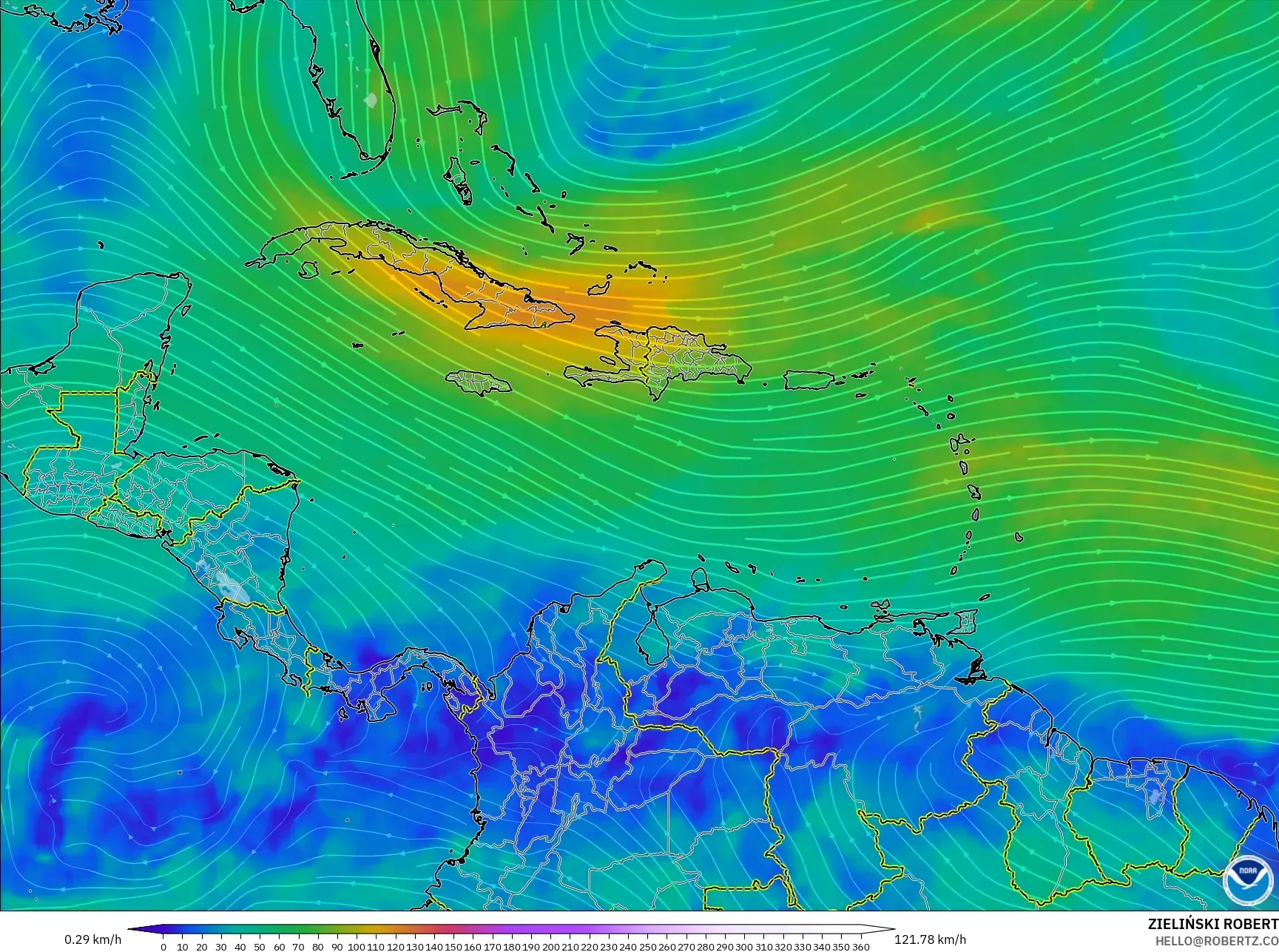GFS model - Karibia, Angin 300 hPa (aliran jet)