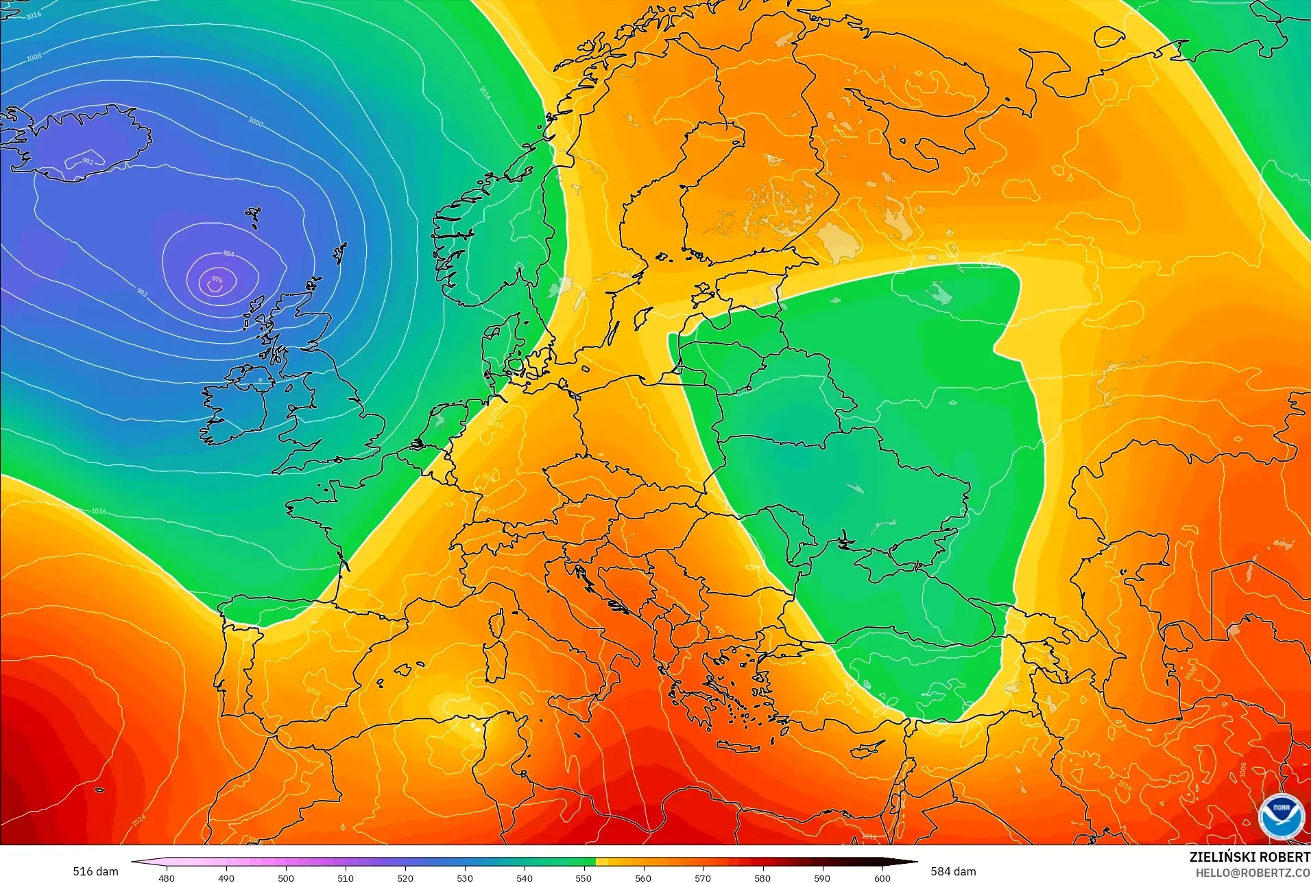 GFS model - Eropa, Ketinggian geopotensial pada 500 hPa