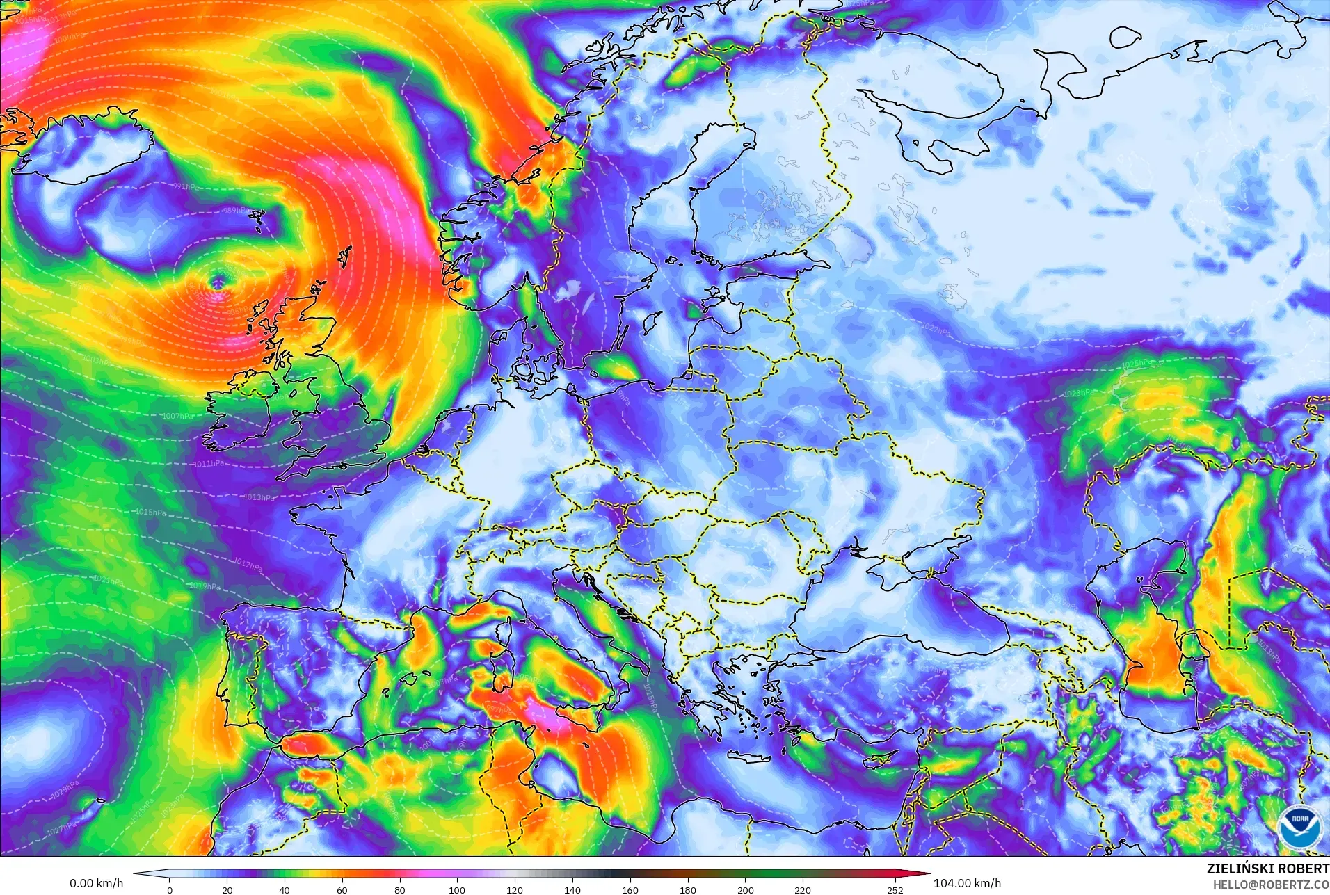 GFS model - Eropa, Puncak Hembusan
