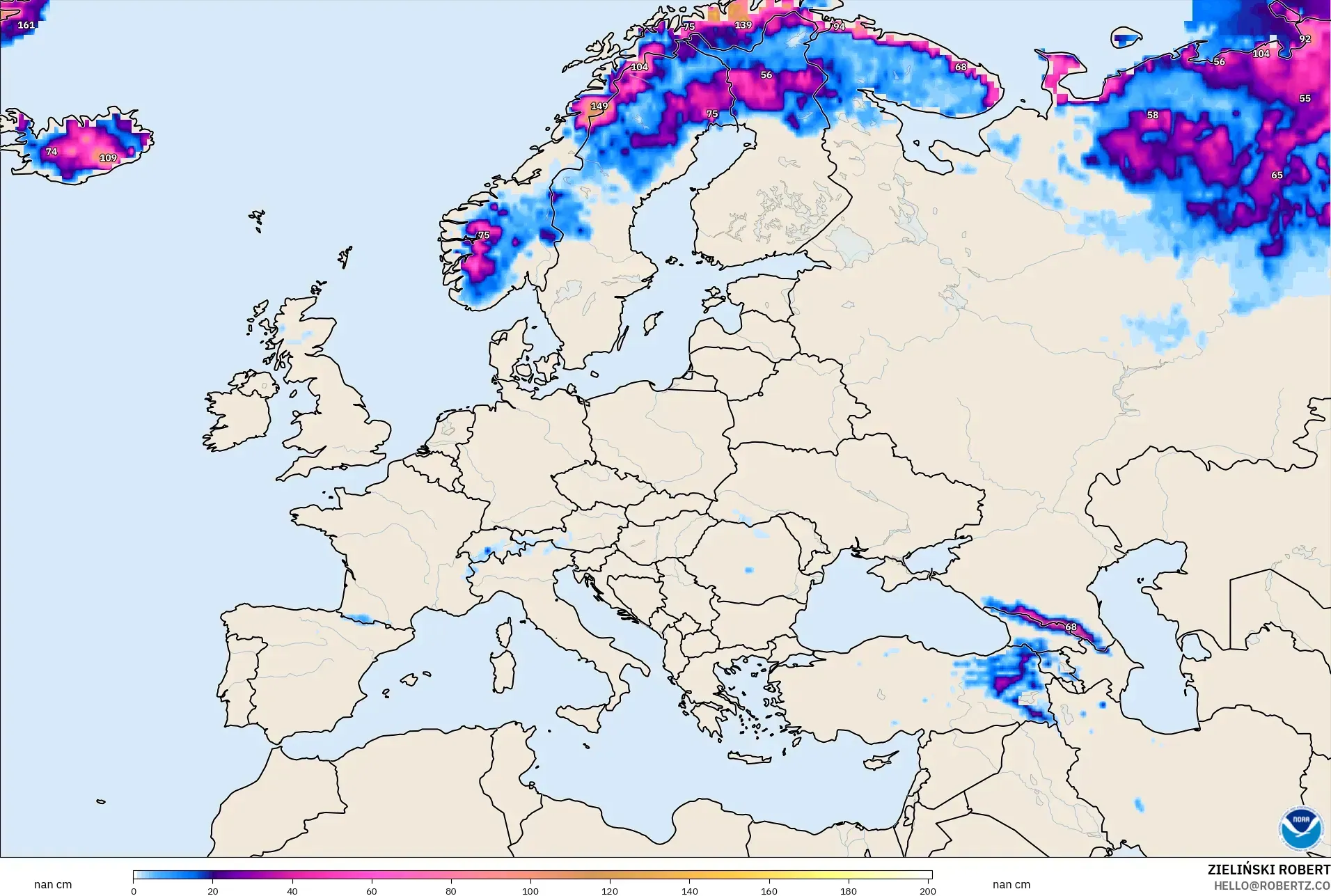 GFS model - Eropa, Kedalaman Salju