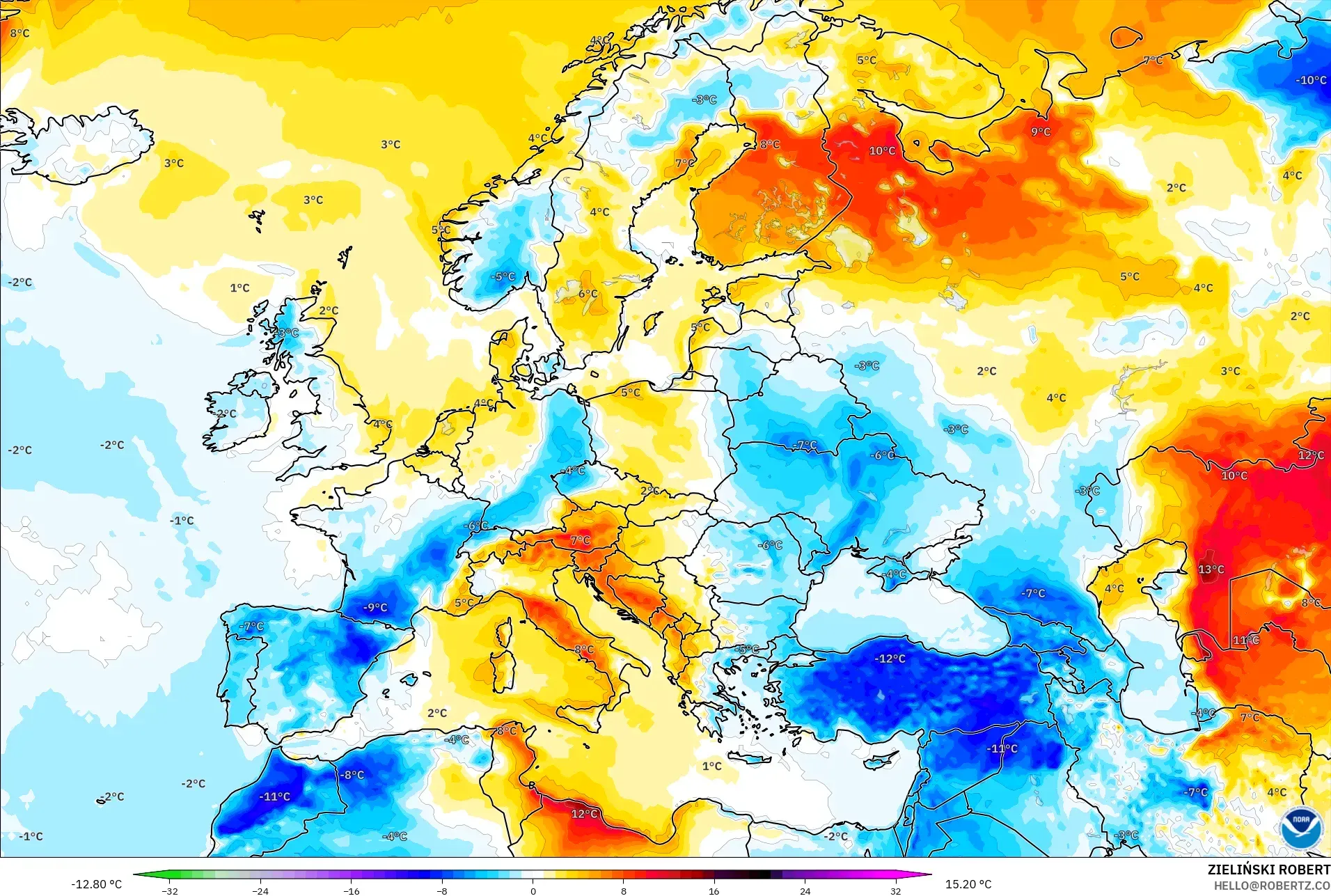 GFS model - Eropa, Anomali Suhu 2 m