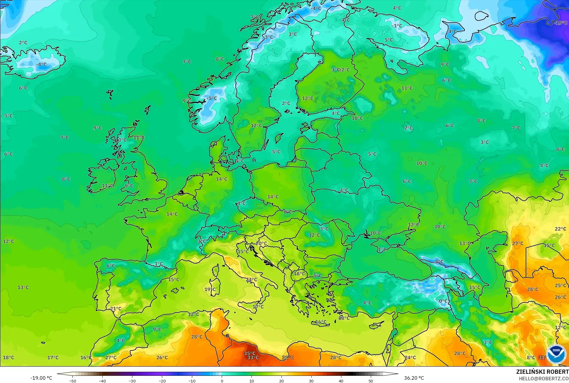 GFS model - Eropa, Suhu 2 m