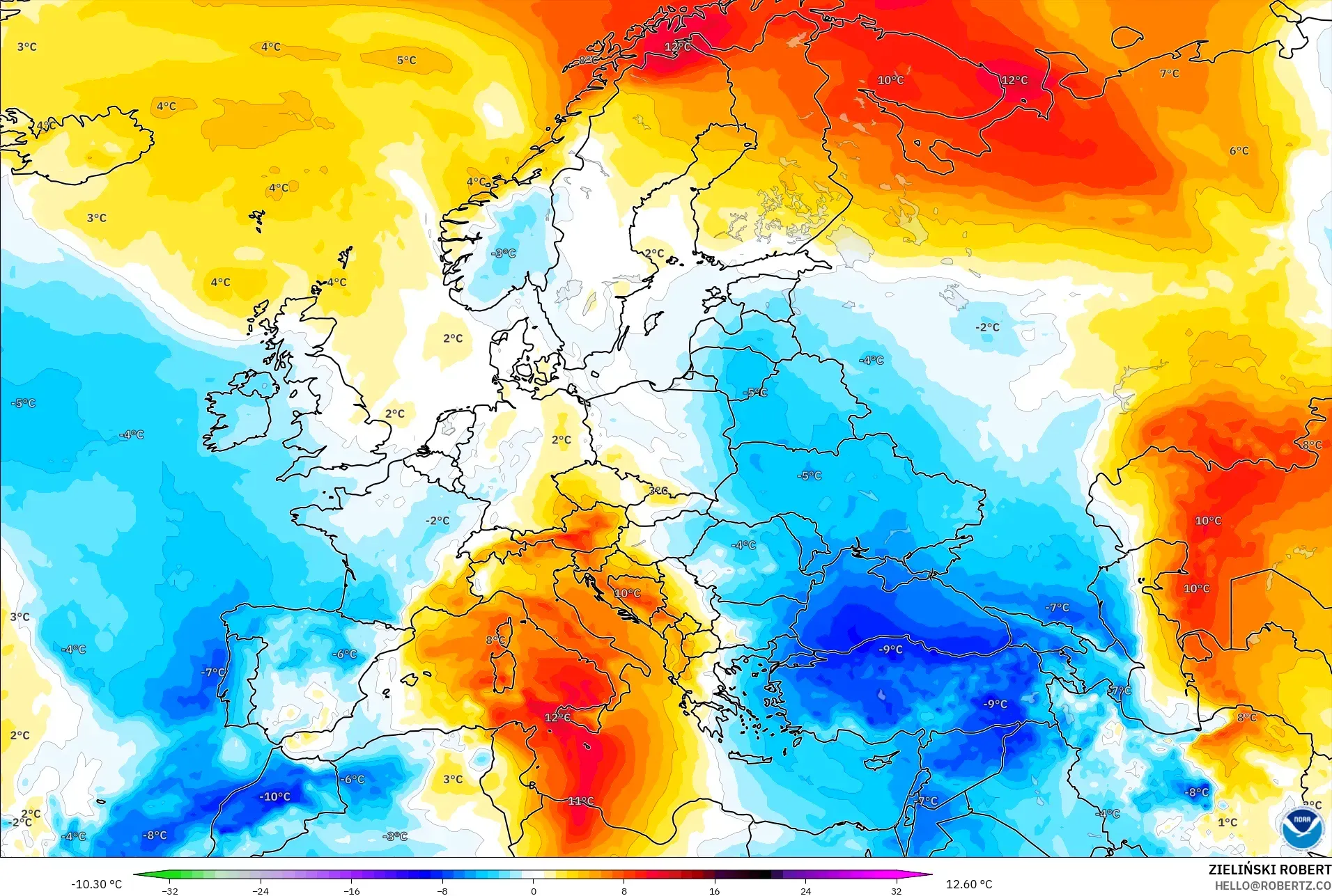 GFS model - Eropa, Anomali Suhu 850 hPa