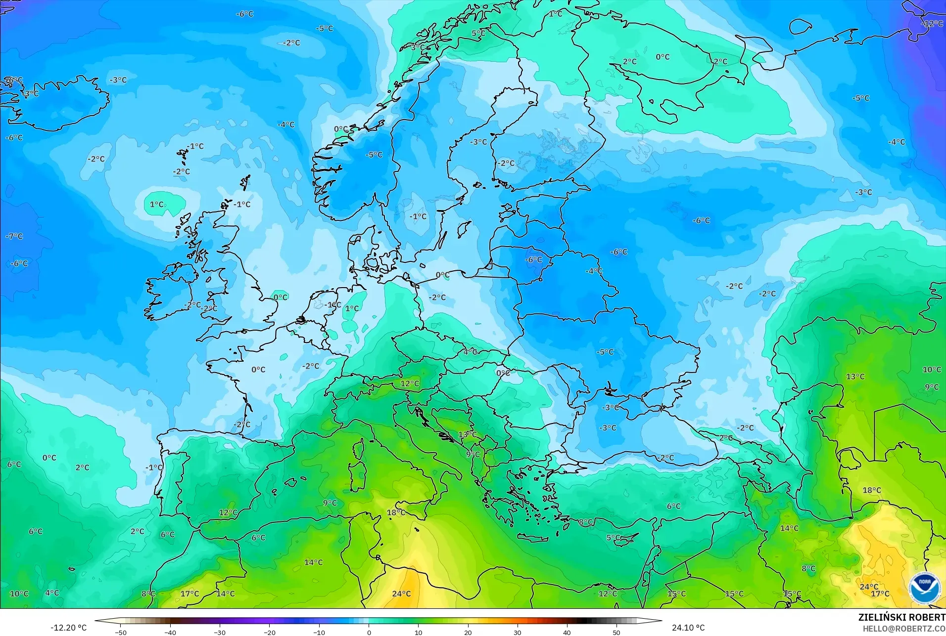 GFS model - Eropa, Suhu 850 hPa