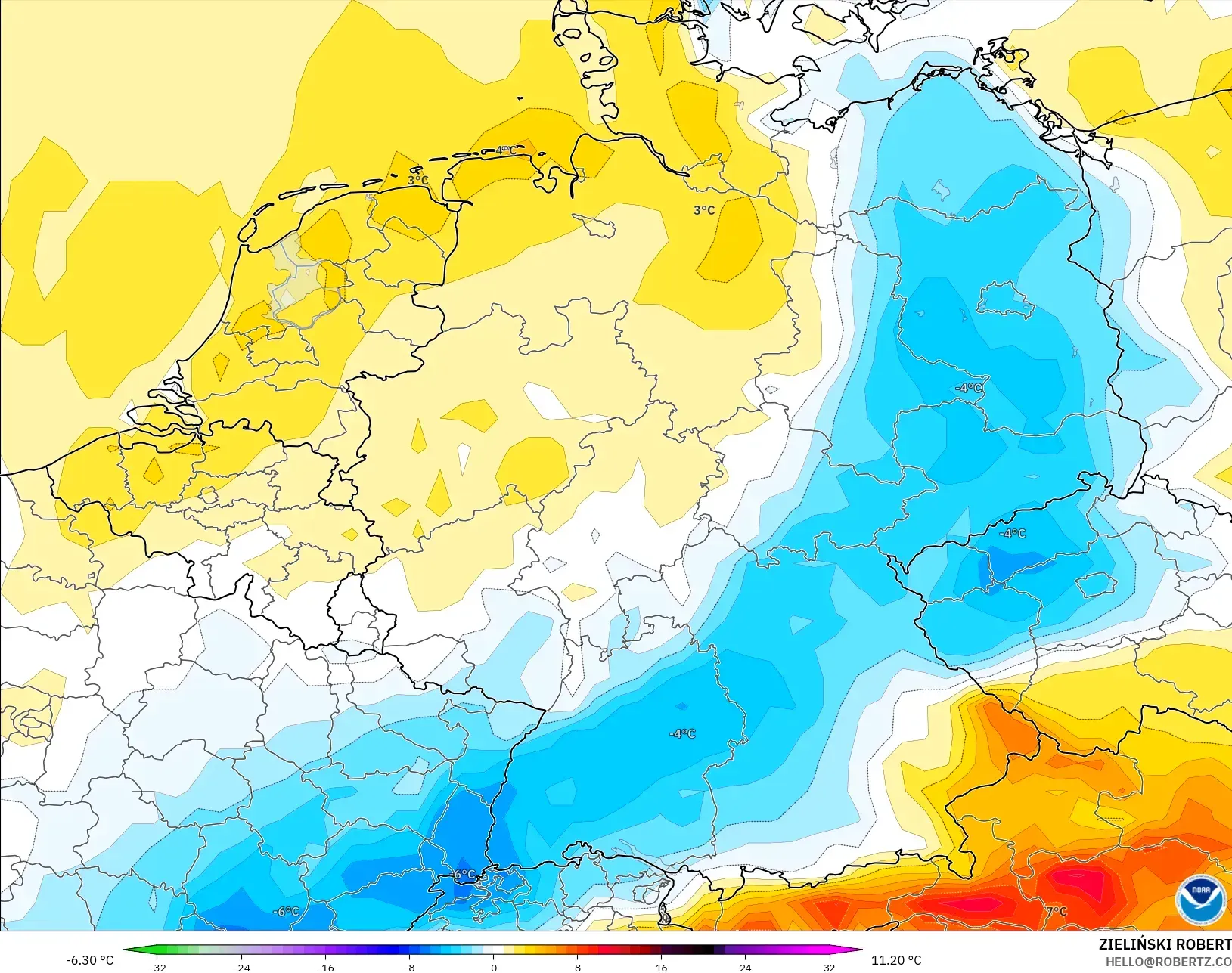 GFS model - Jerman, Anomali Suhu 2 m