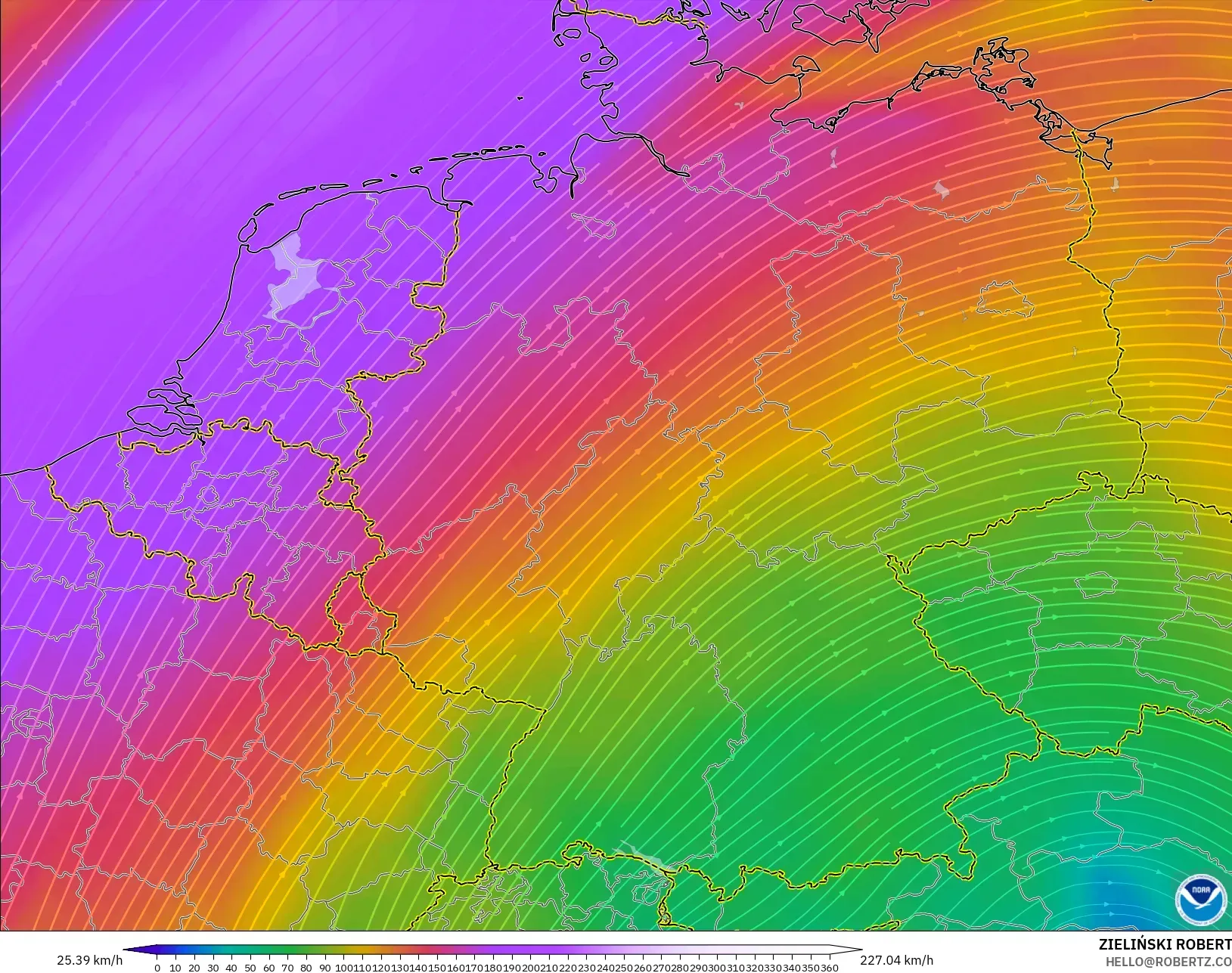 GFS model - Jerman, Angin 300 hPa (aliran jet)
