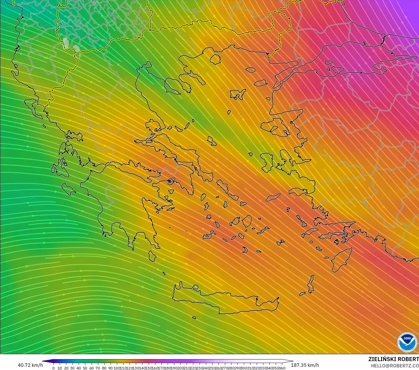 GFS model - Yunani, Angin 300 hPa (aliran jet)