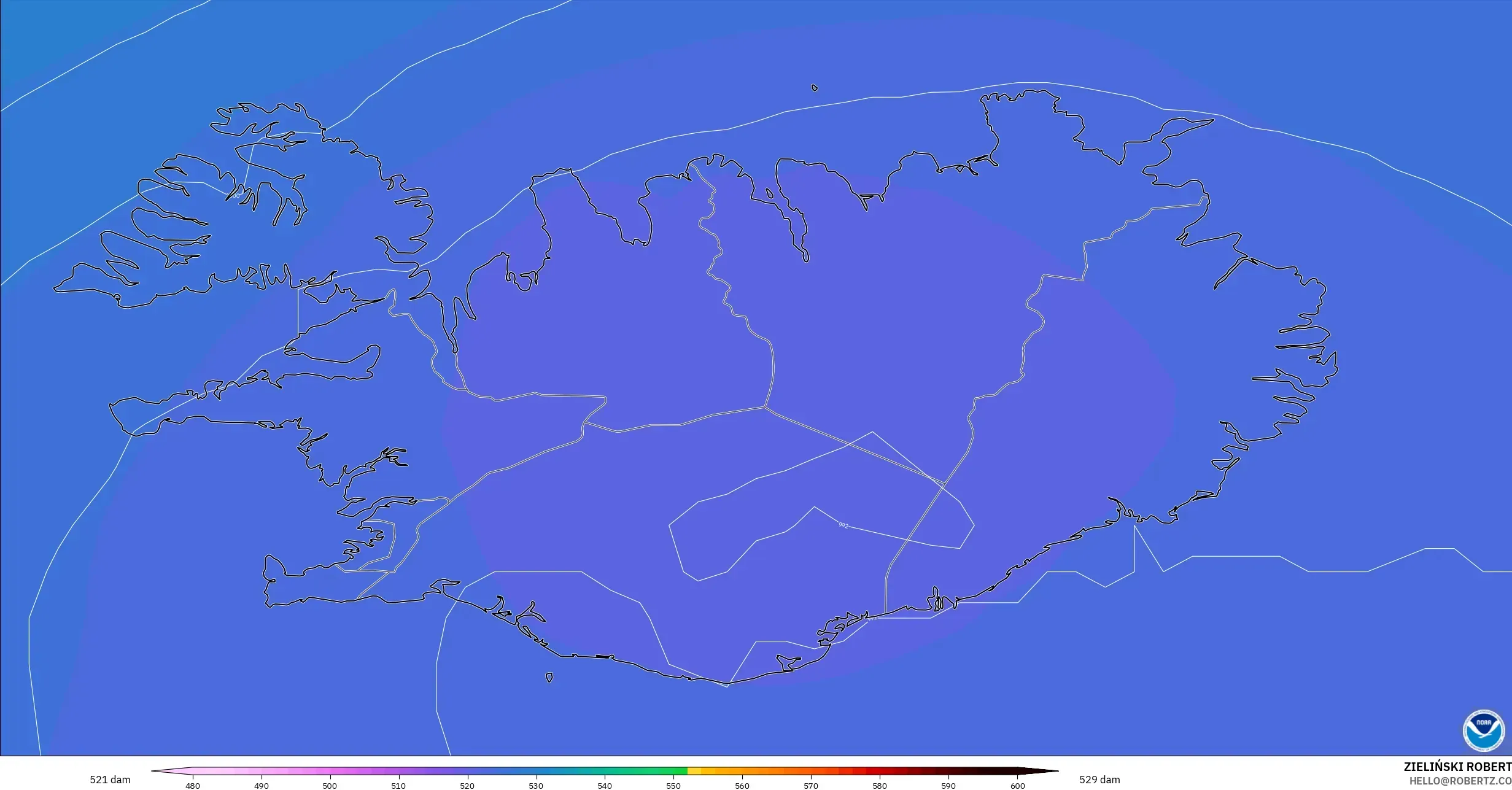 GFS model - Islandia, Ketinggian geopotensial pada 500 hPa