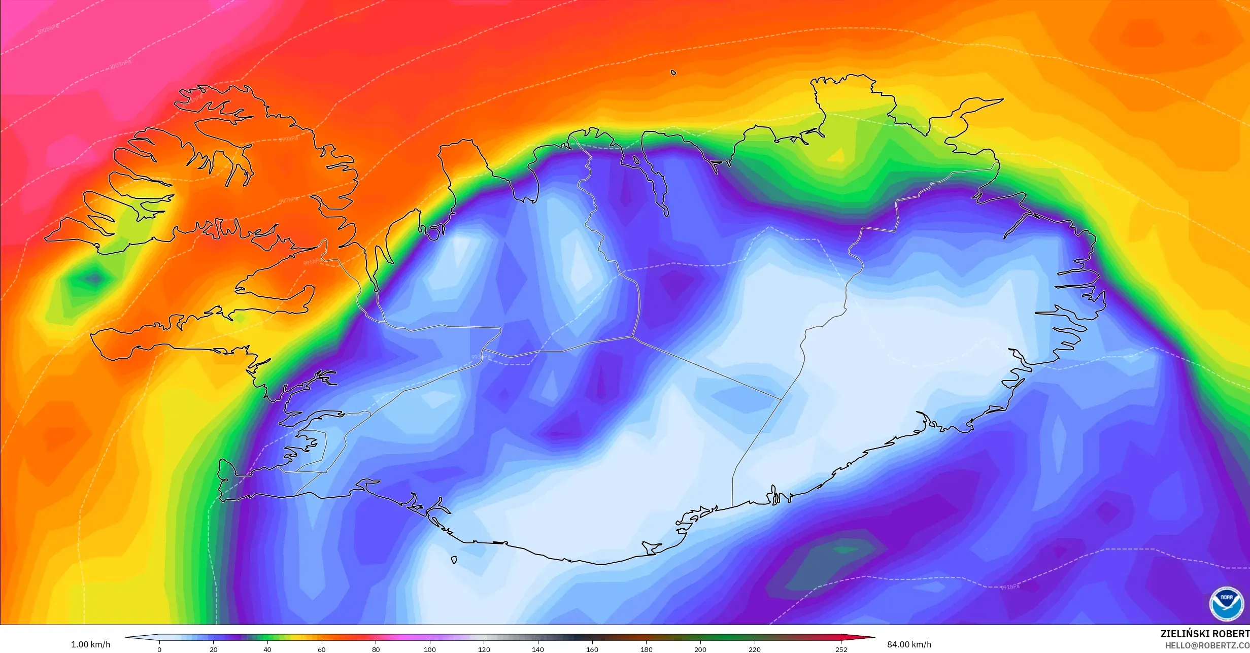 GFS model - Islandia, Puncak Hembusan