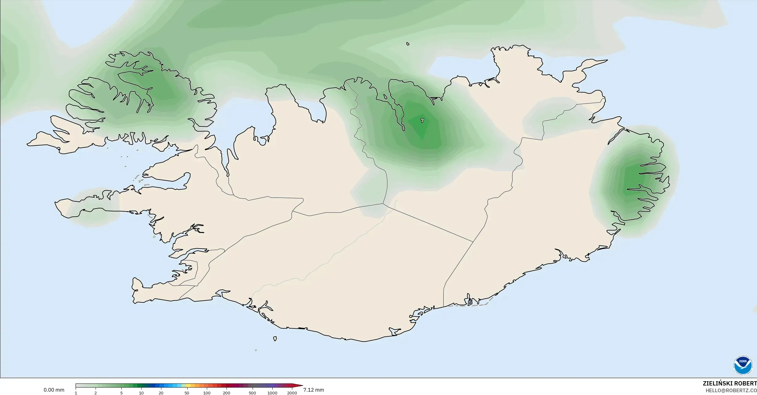 GFS model - Islandia, Akumulasi Curah Hujan