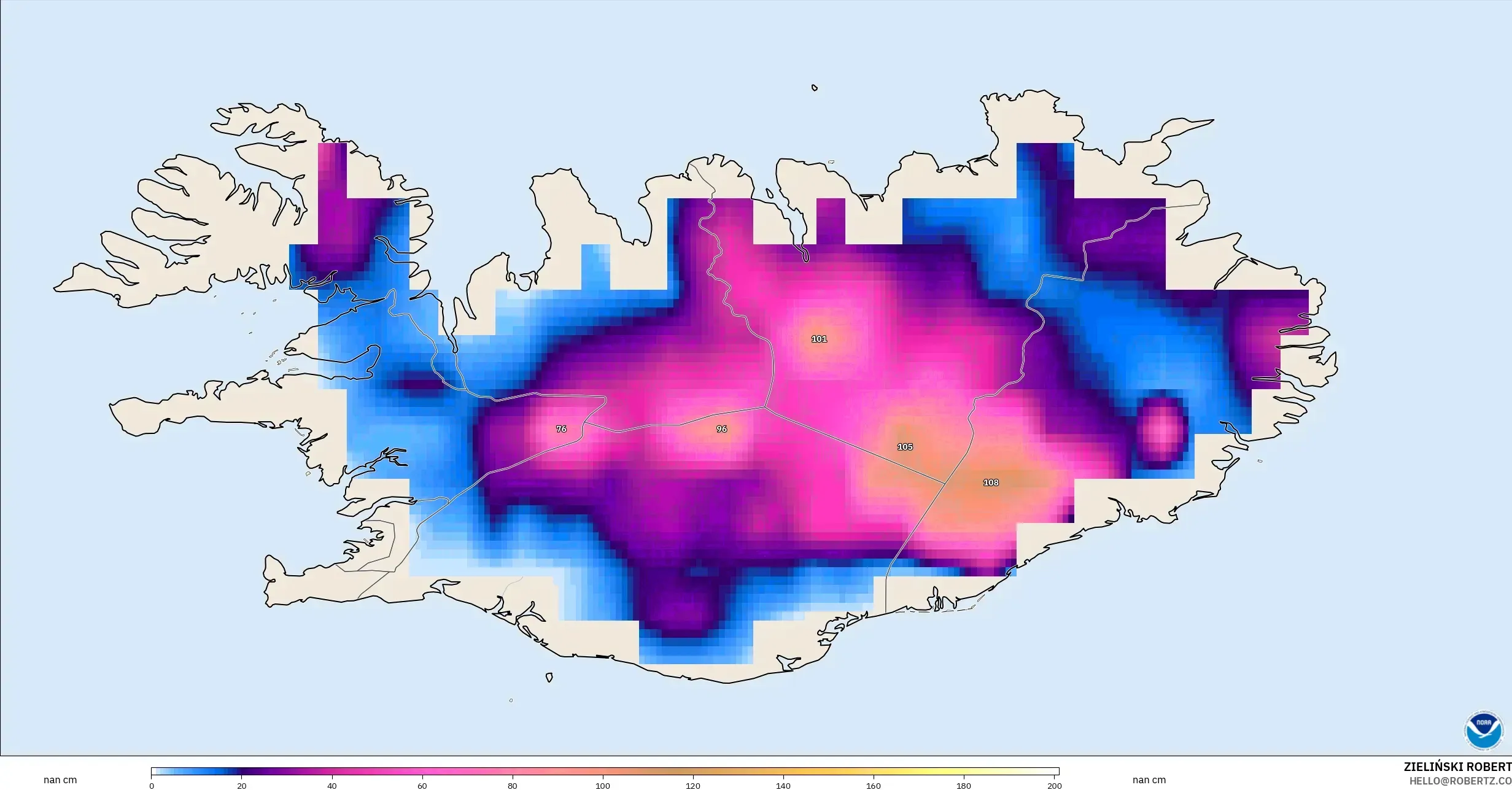 GFS model - Islandia, Kedalaman Salju