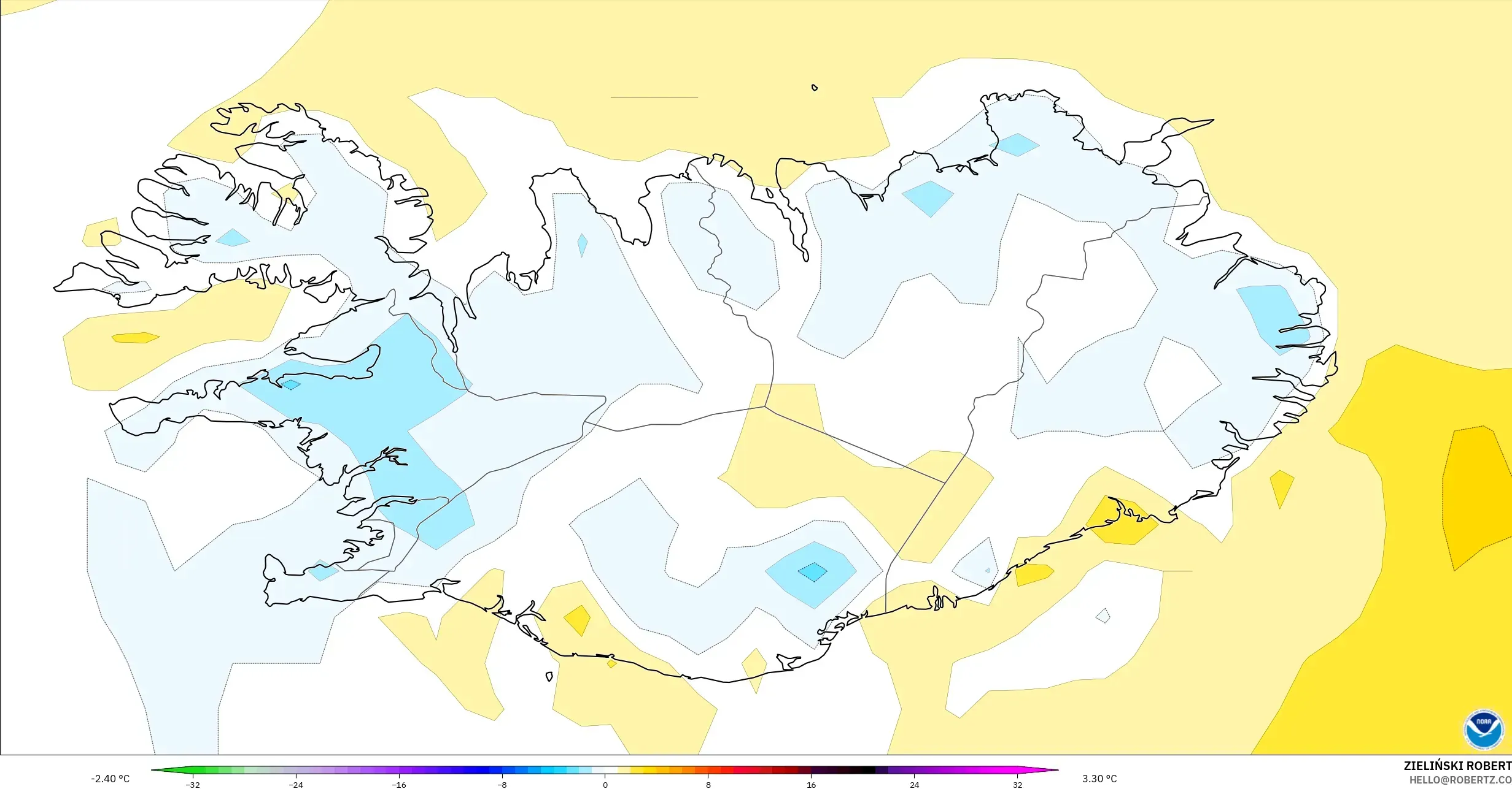GFS model - Islandia, Anomali Suhu 2 m