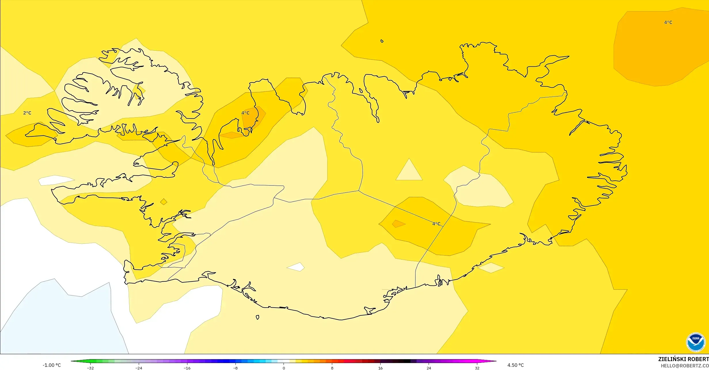 GFS model - Islandia, Anomali Suhu 850 hPa