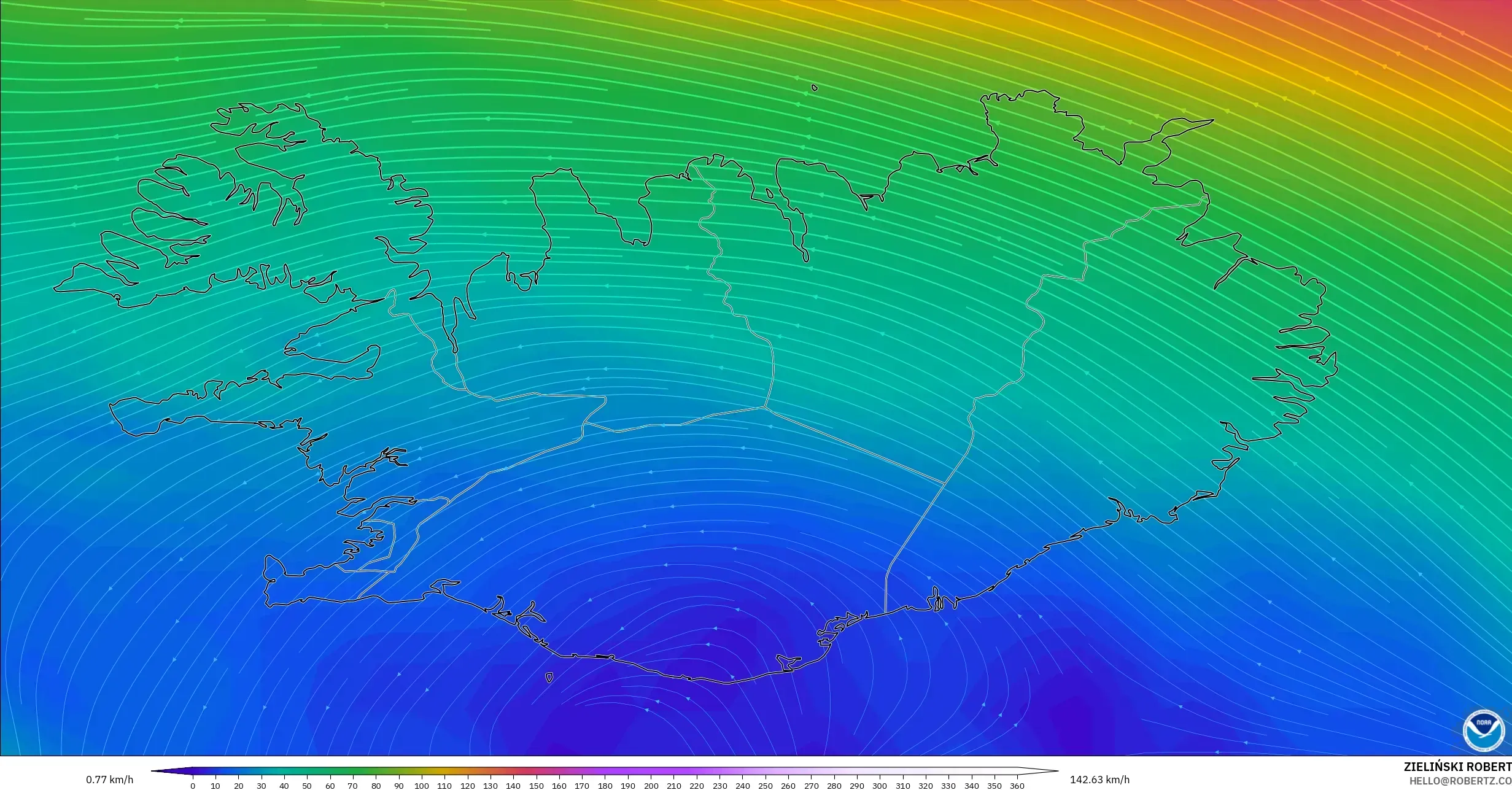 GFS model - Islandia, Angin 300 hPa (aliran jet)