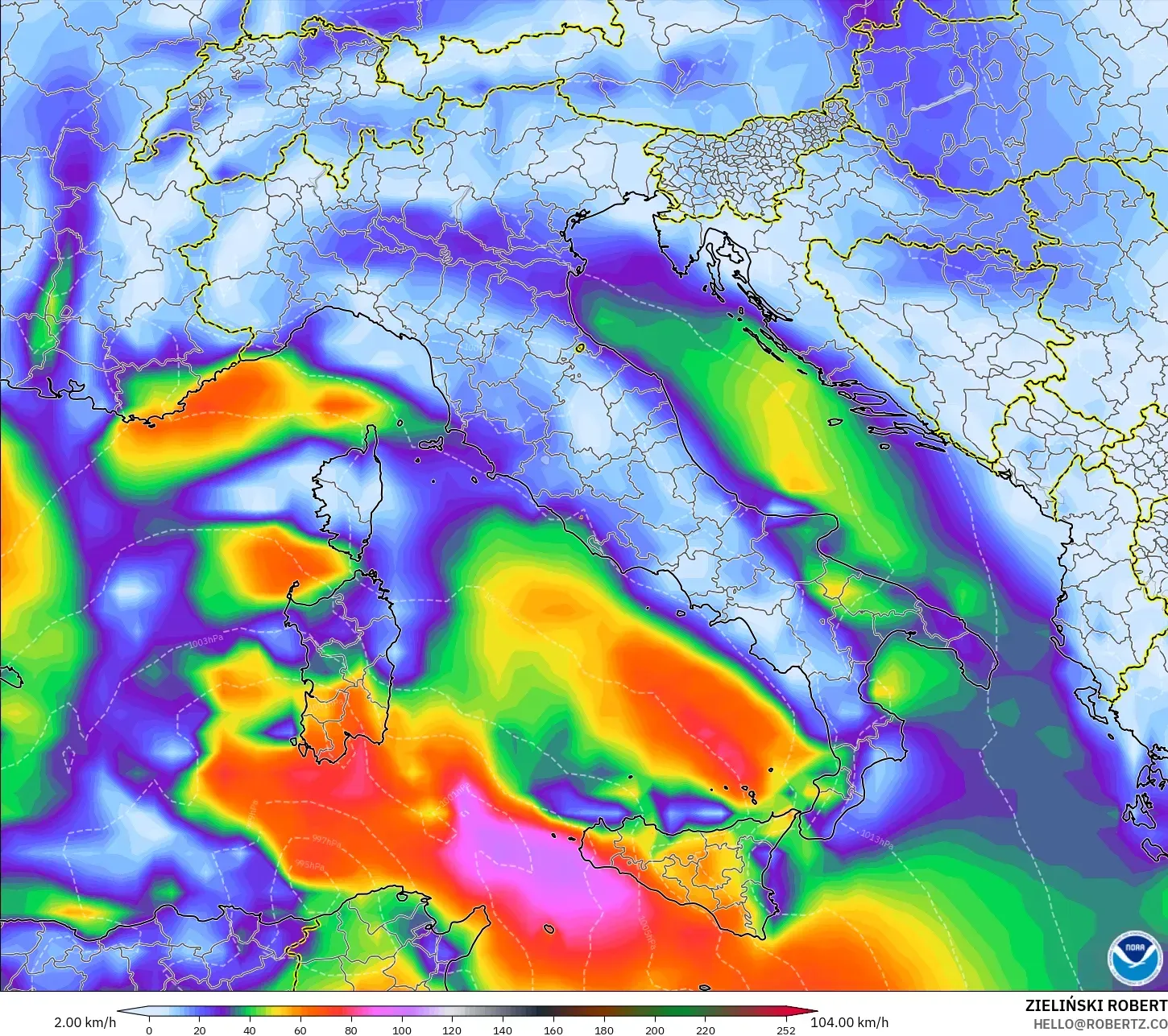 GFS model - Italia, Puncak Hembusan