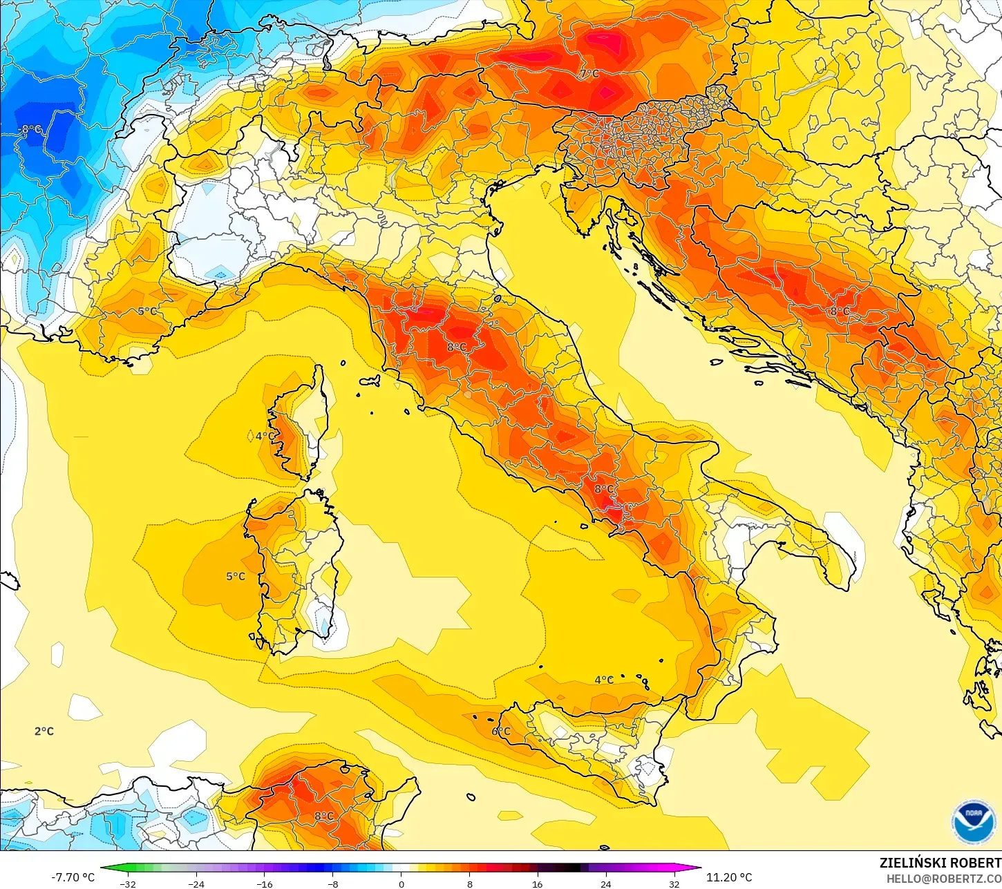 GFS model - Italia, Anomali Suhu 2 m
