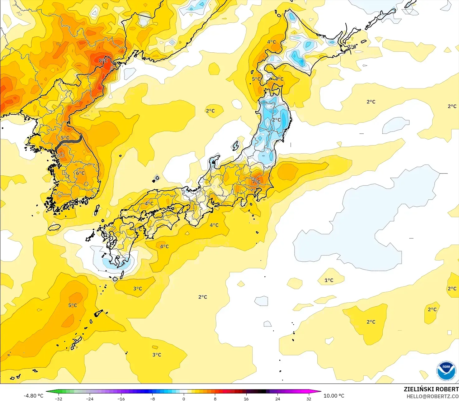 GFS model - Jepang, Anomali Suhu 2 m