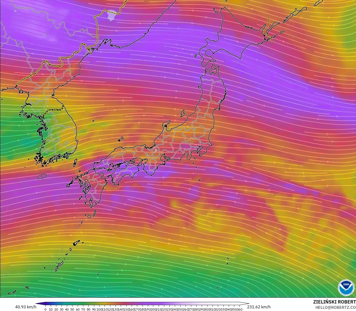 GFS model - Jepang, Angin 300 hPa (aliran jet)