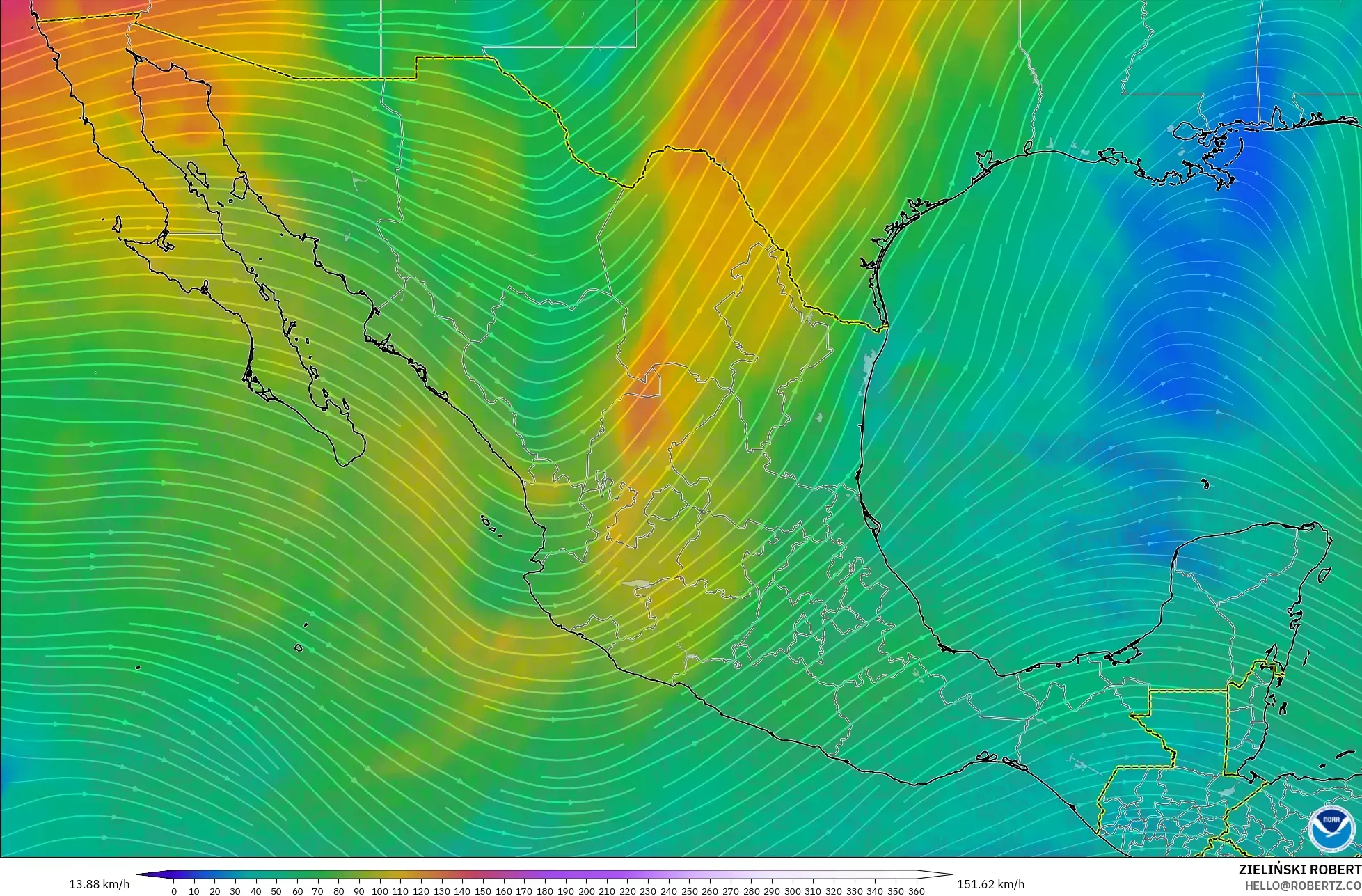 GFS model - Meksiko, Angin 300 hPa (aliran jet)