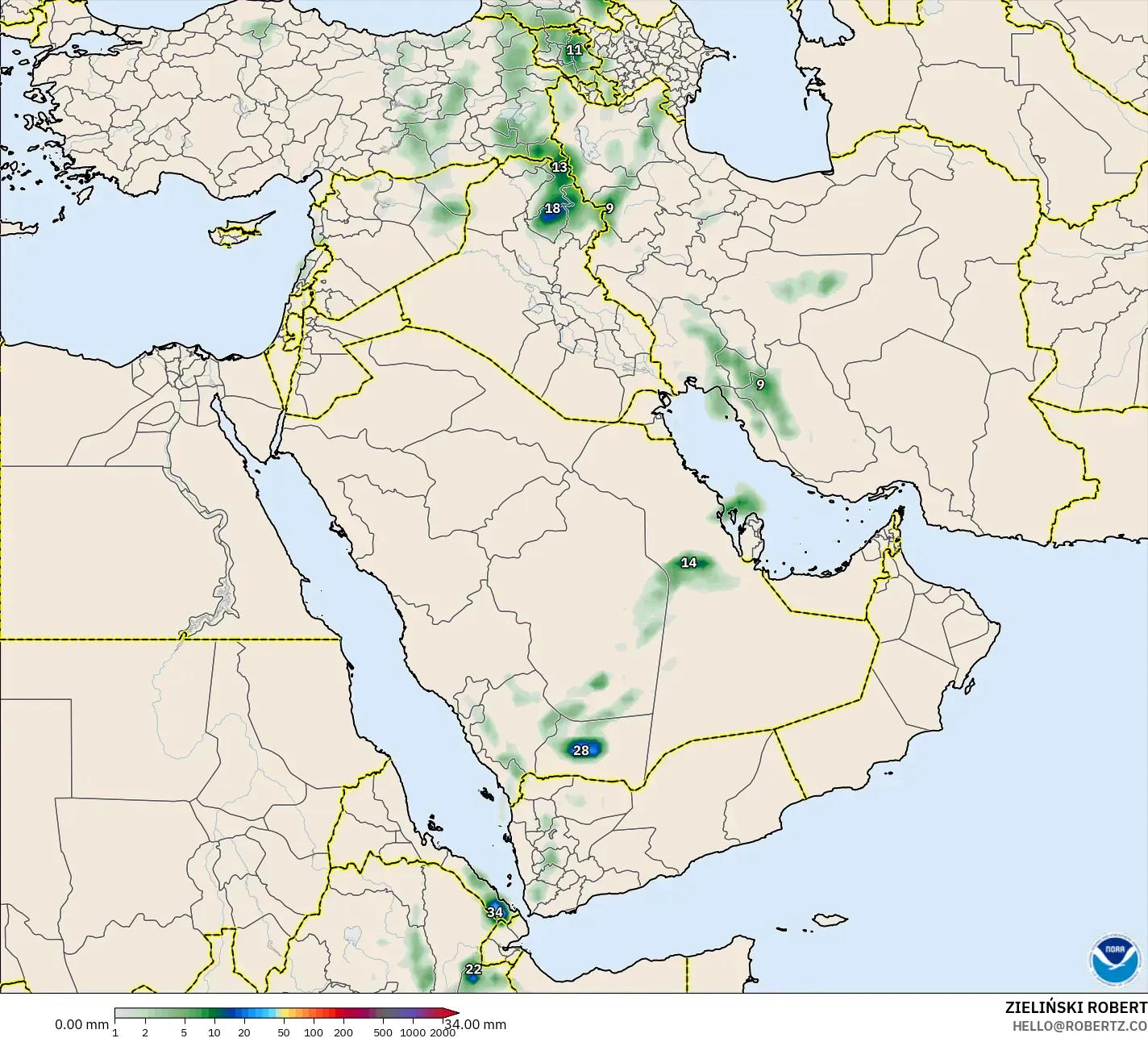 GFS model - Timur Tengah, Akumulasi Curah Hujan