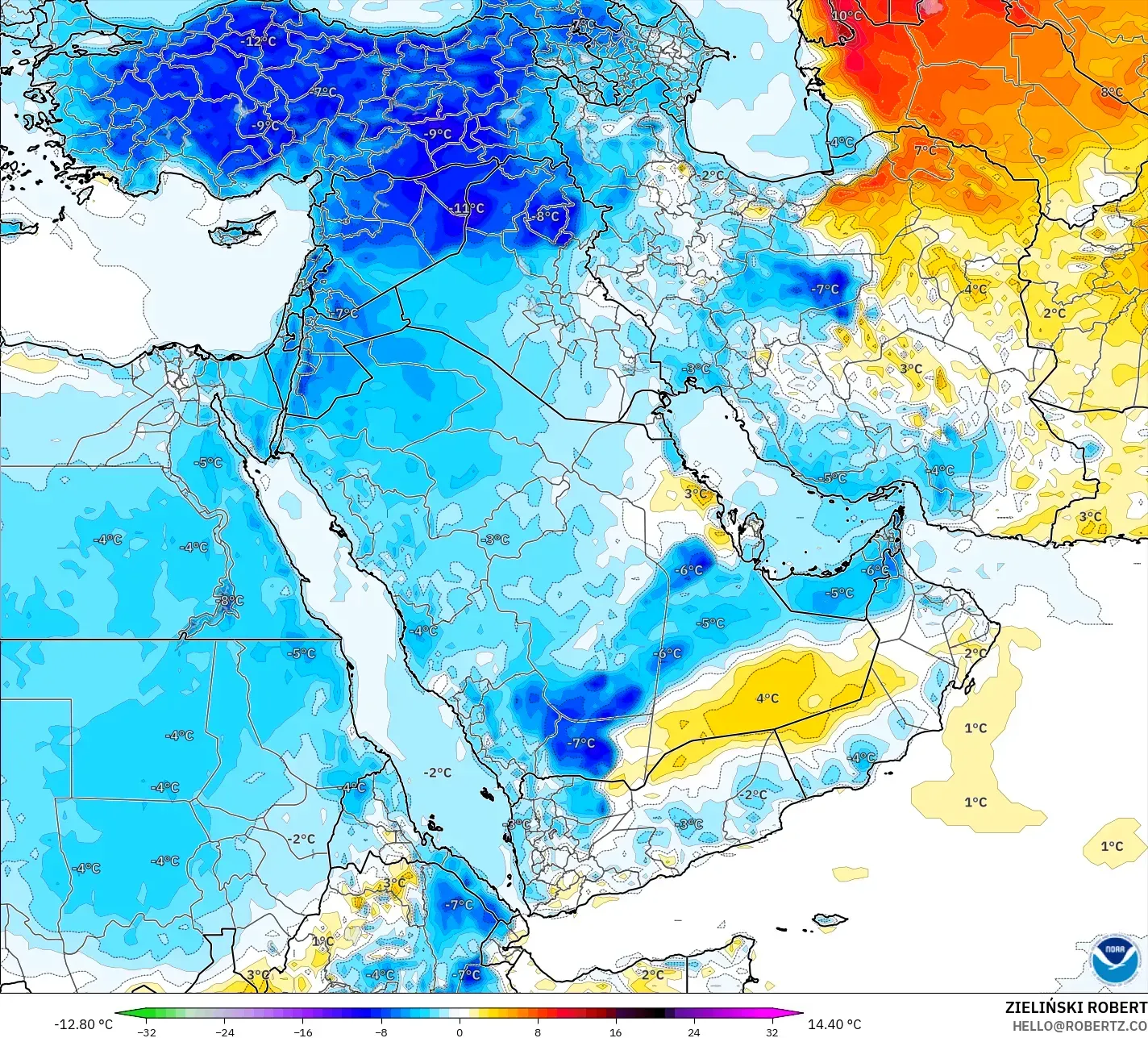 GFS model - Timur Tengah, Anomali Suhu 2 m