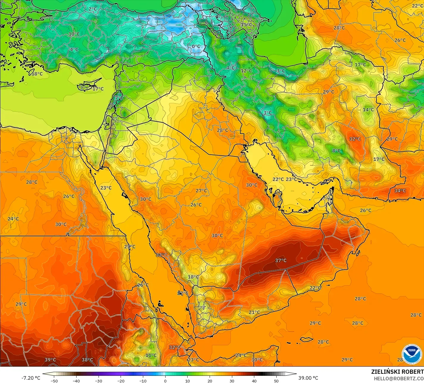 GFS model - Timur Tengah, Suhu 2 m