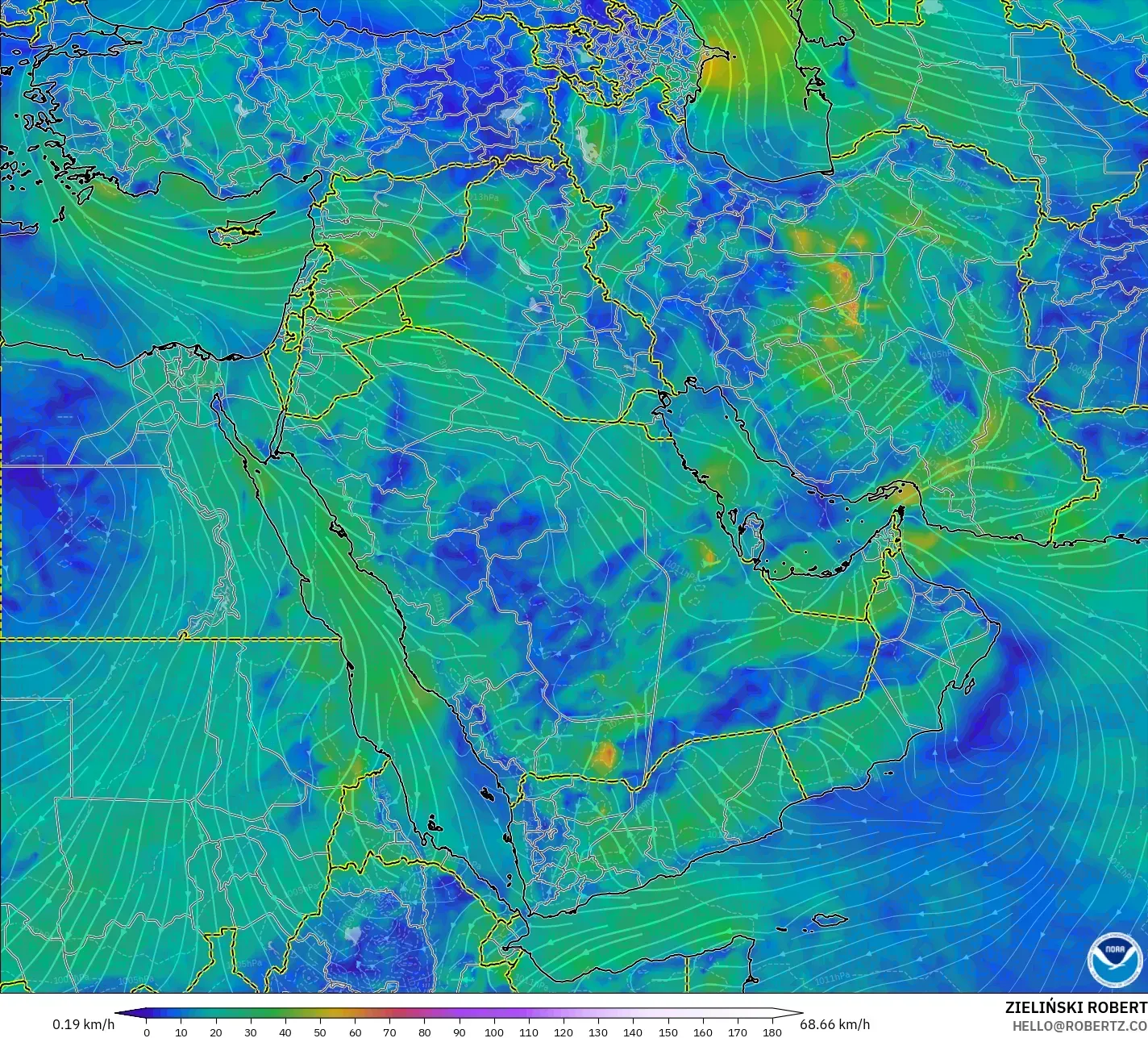 GFS model - Timur Tengah, Angin 10 m