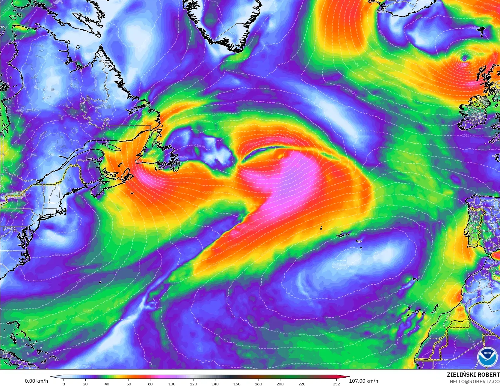 GFS model - Atlantik Utara, Hembusan Angin