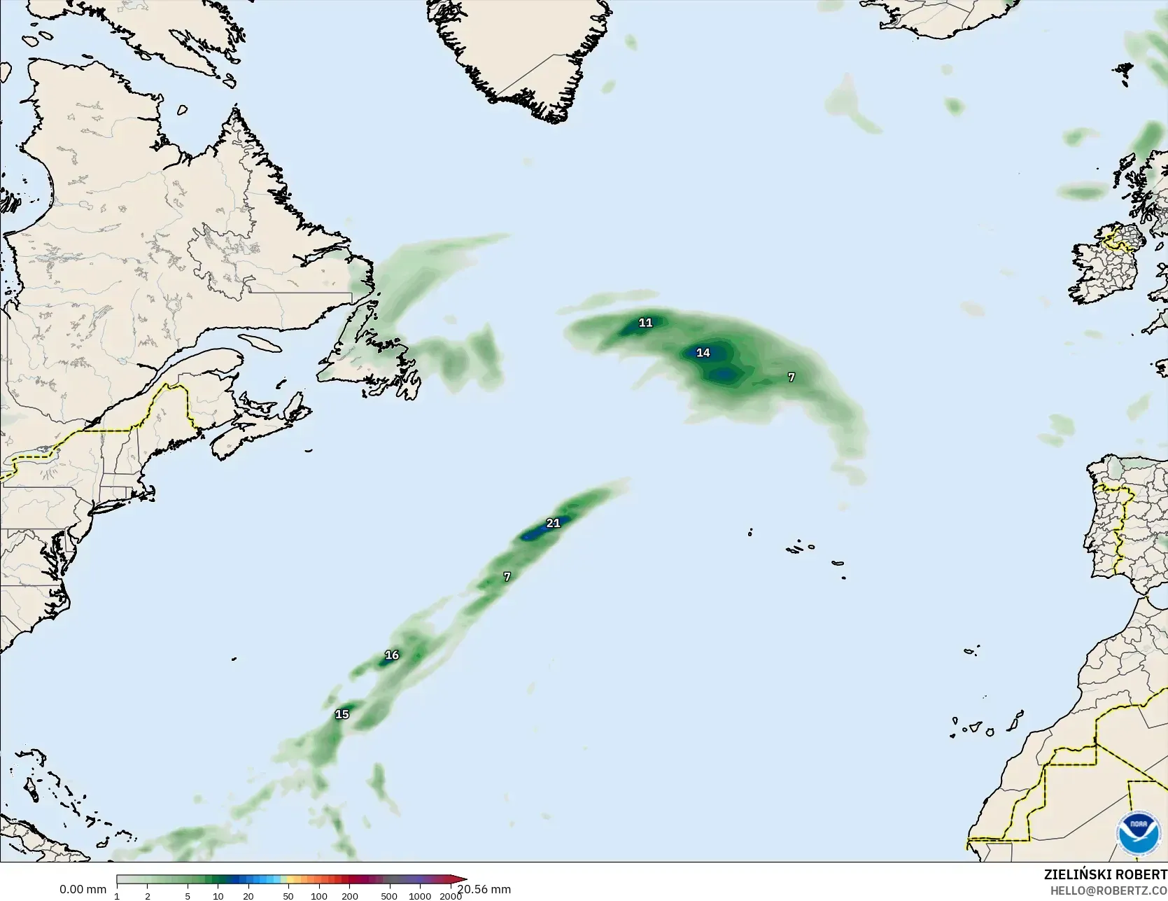 GFS model - Atlantik Utara, Akumulasi Curah Hujan